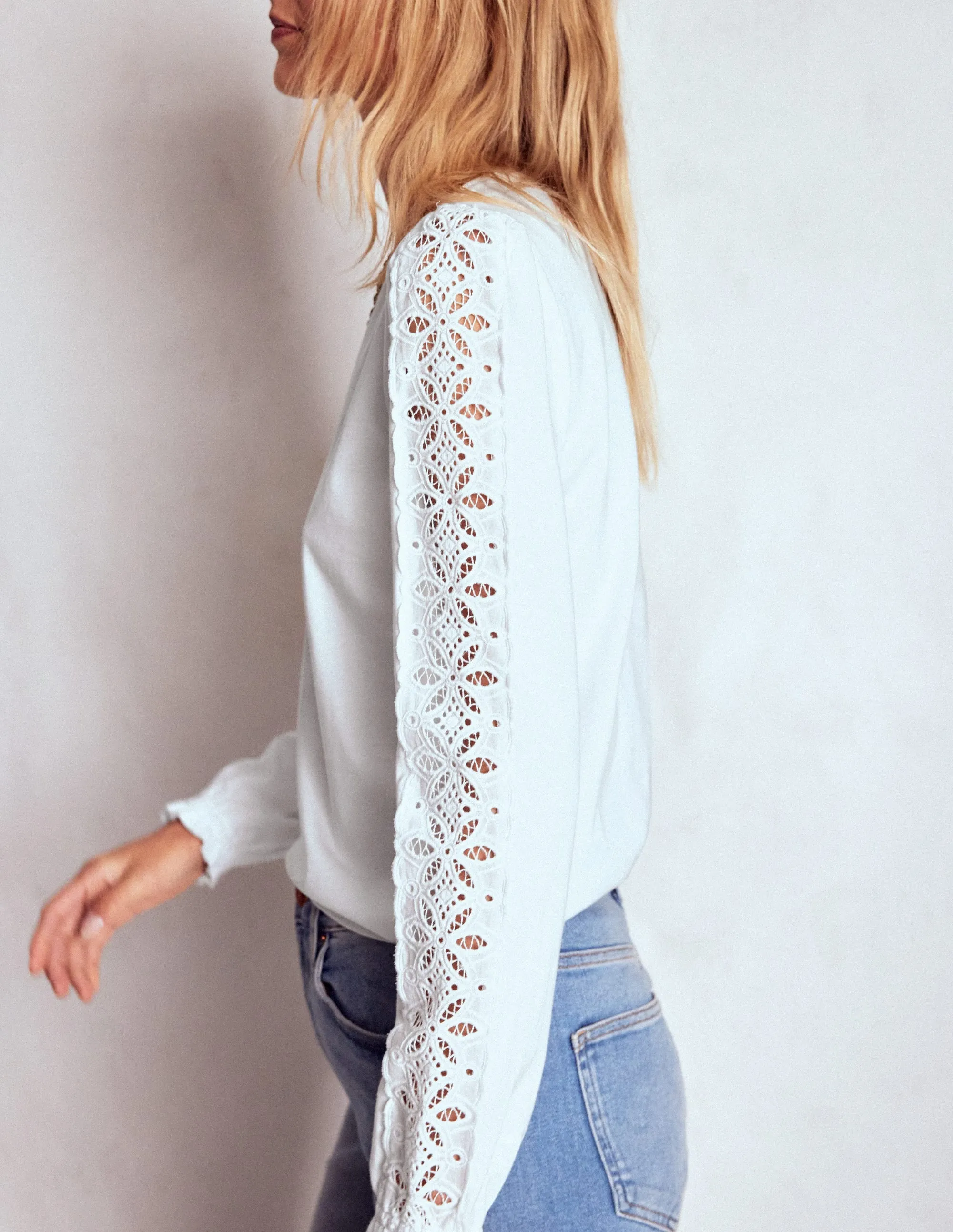 Simple Shirt Tencel Cotton Hybrid Weave Scarlett Broderie Trim Top-White