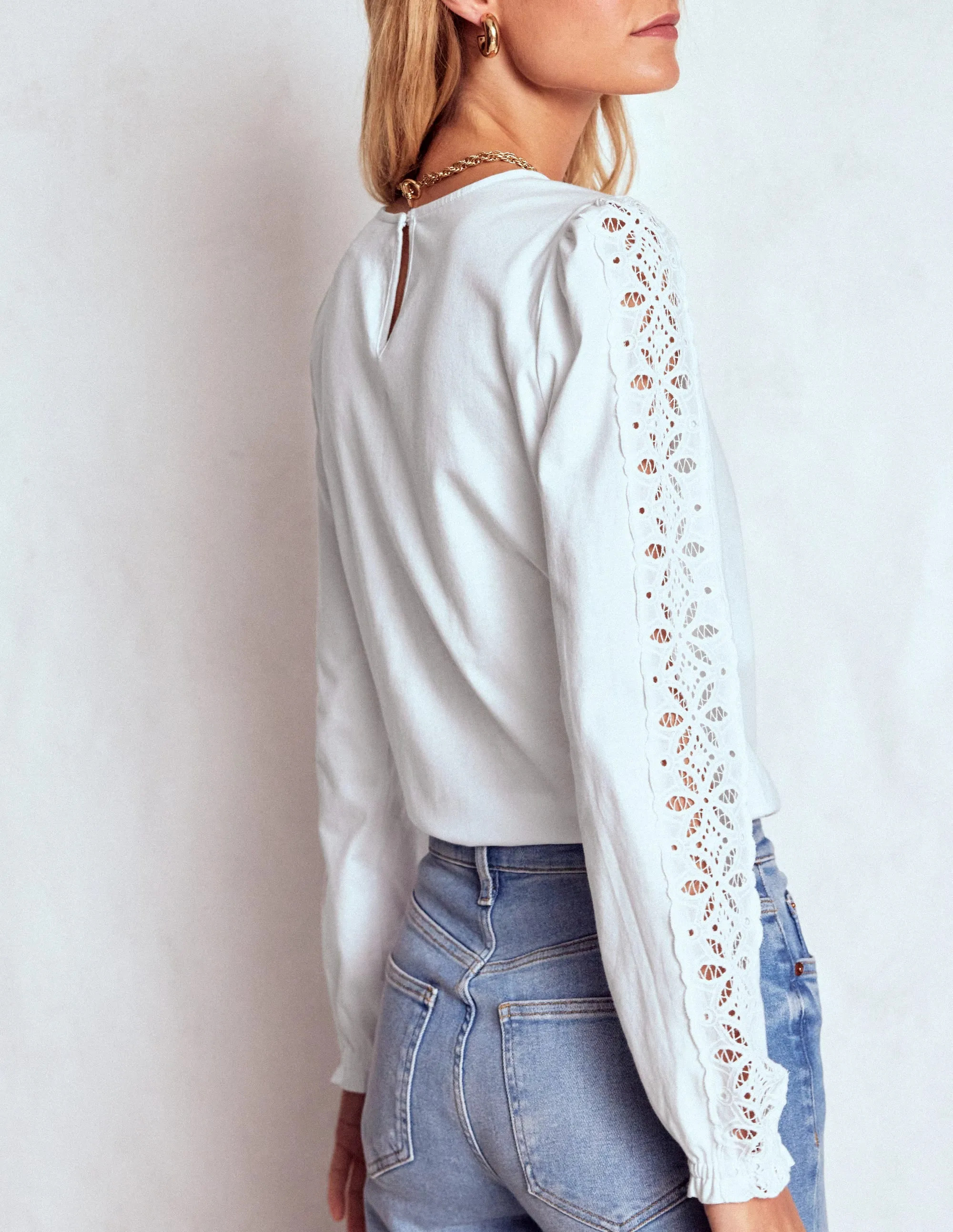 Scarlett Broderie Trim Top-White Flexible Hemline