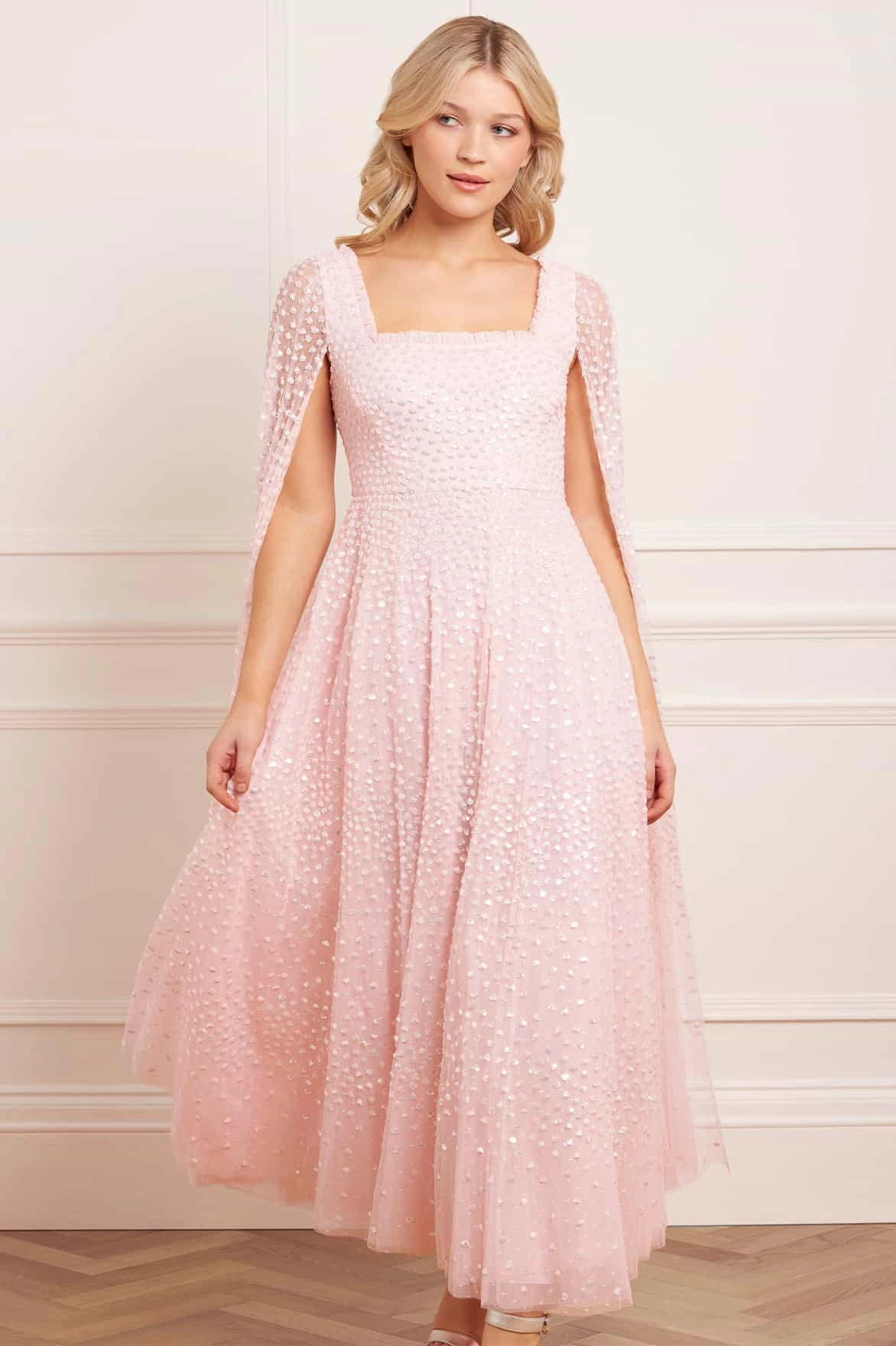 Quiet Mood Soft Vibes Scatter Dot Cape Sleeve Ankle Gown