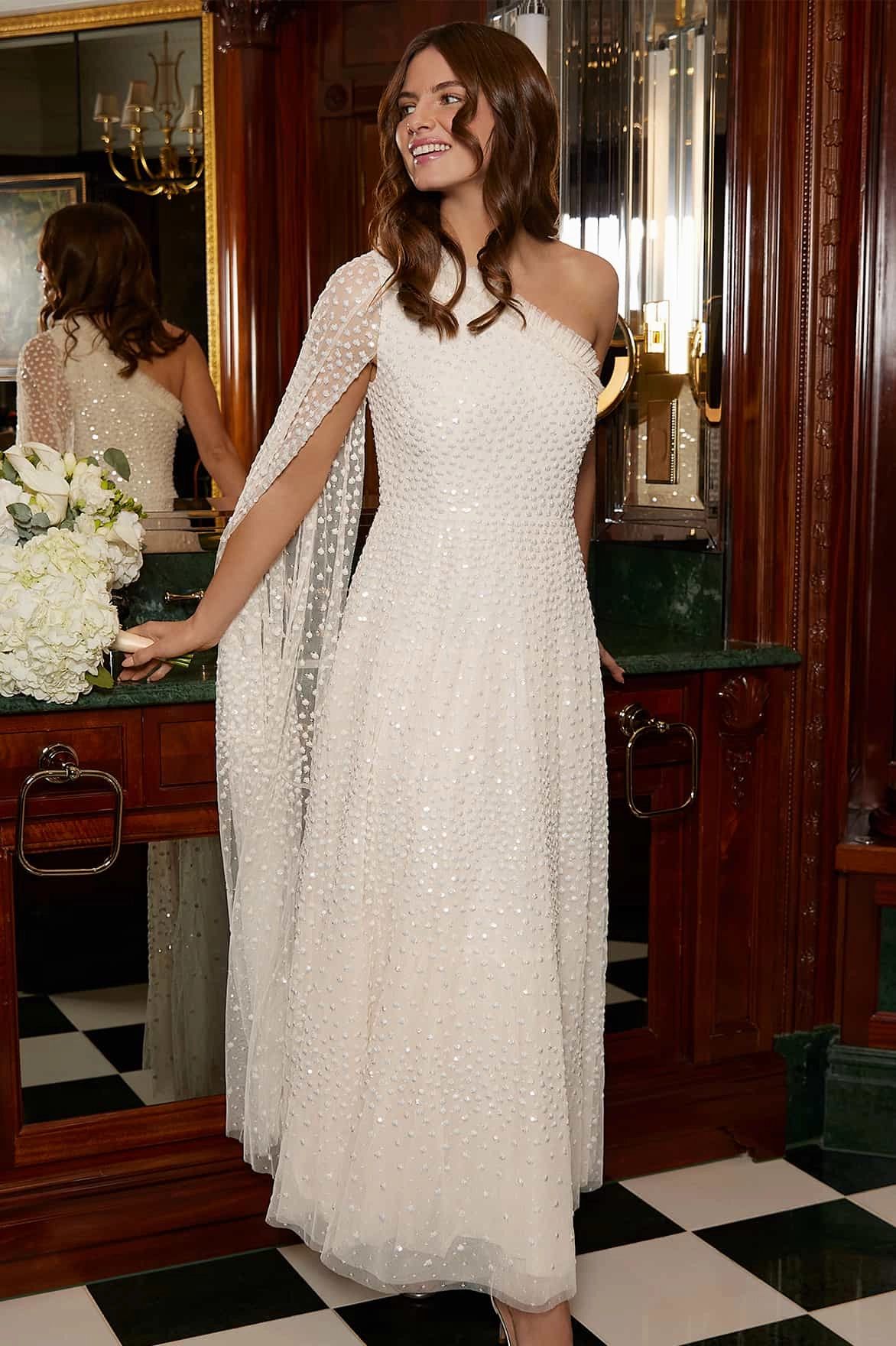 Scatter Dot One-Shoulder Ankle Gown Smooth Tone Timeless Line