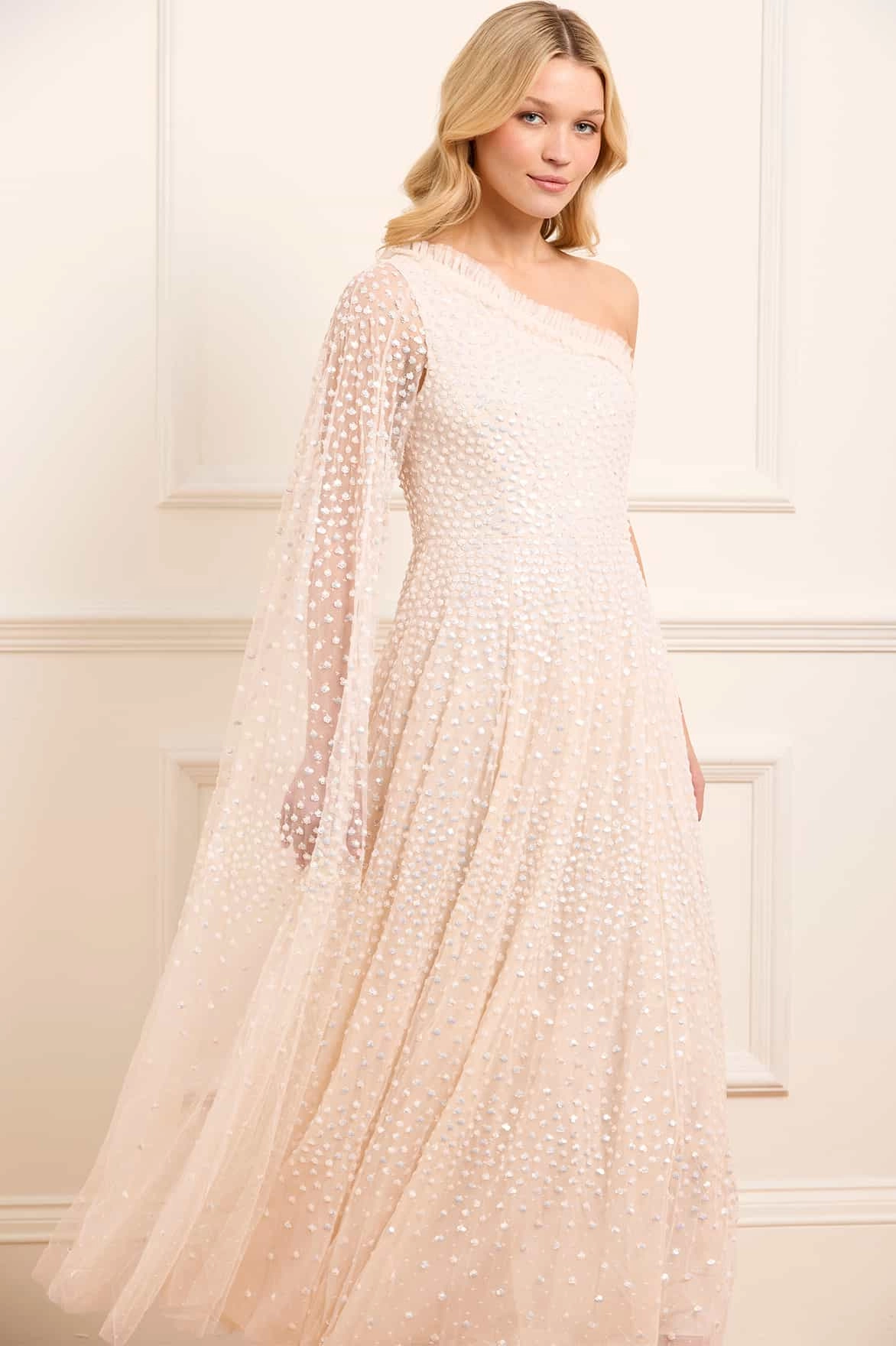 Scatter Dot One-Shoulder Ankle Gown Work Vibe Fitted Shape