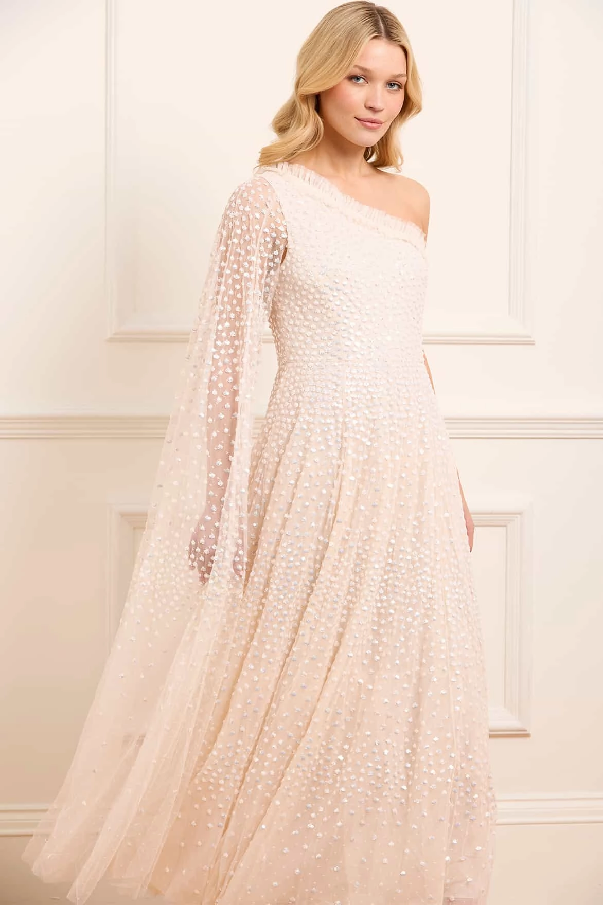 Scatter Dot One-Shoulder Ankle Gown Rhinestone-Detail Travel Style