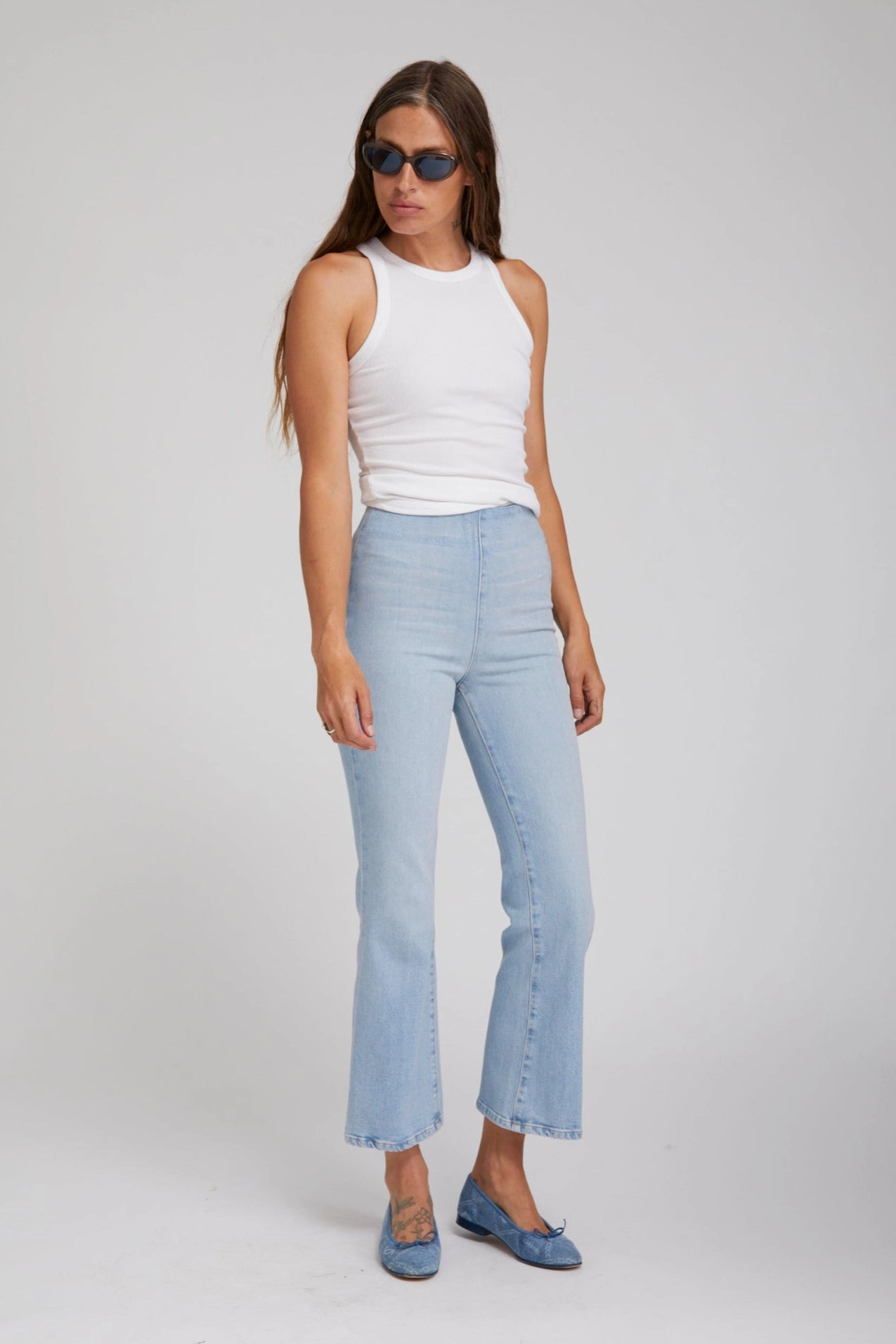 Francoise Crop Flare Denim Leggings ConvertibleSleeves Wrinkle Free Weave