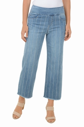 Anti Static Finish Rhinestone Striped Wide Leg Denim Pant