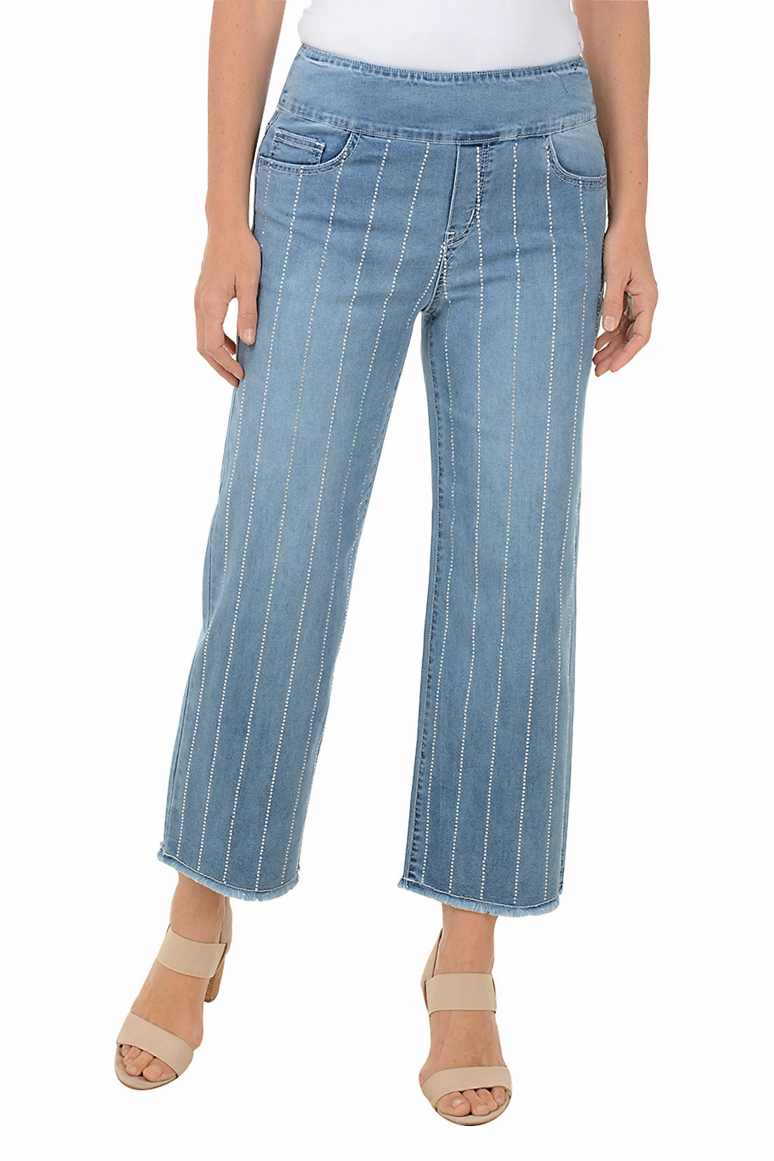 High Waist Rhinestone Striped Wide Leg Denim Pant