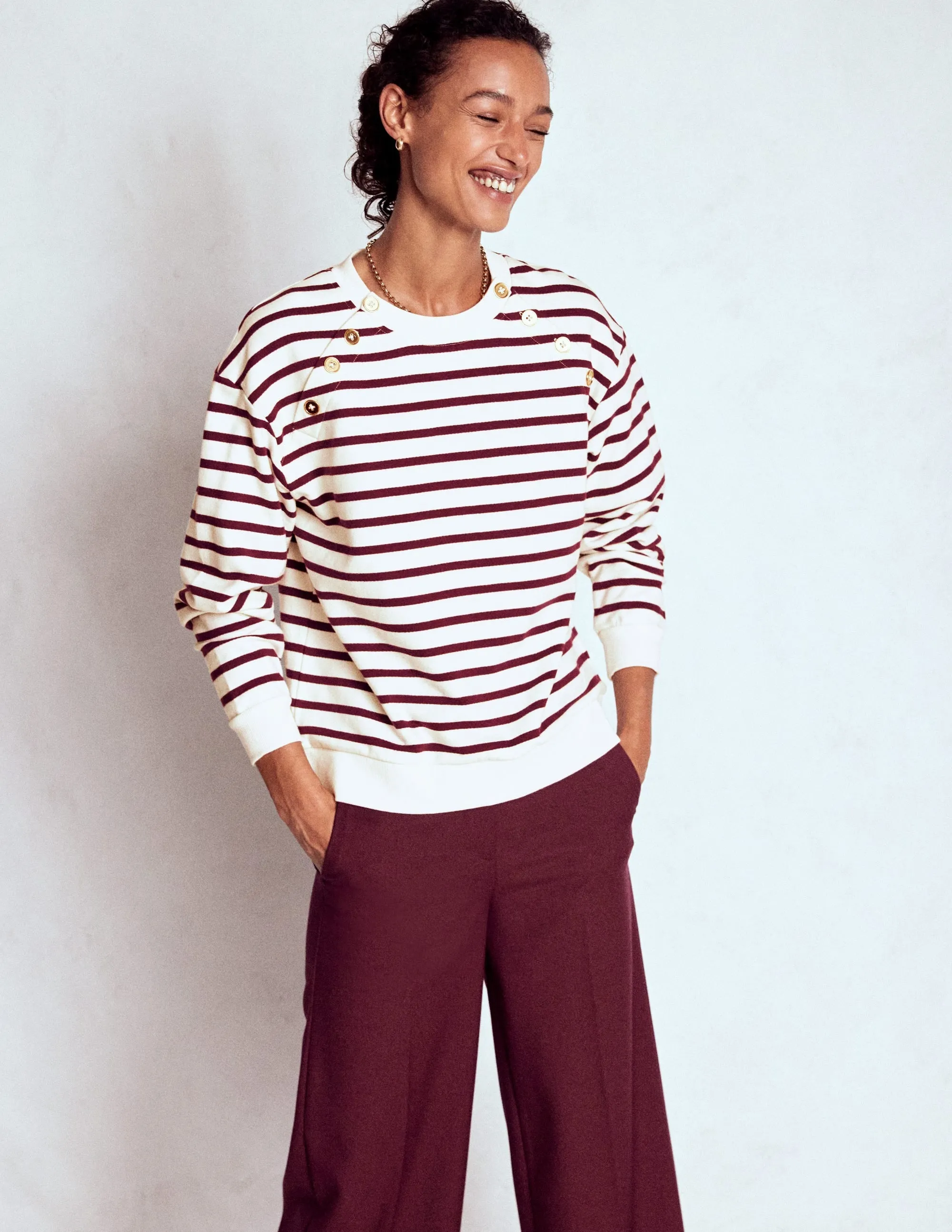 Lightweight pullover Button Detail Sweatshirt-Deep Wisteria, Ivory