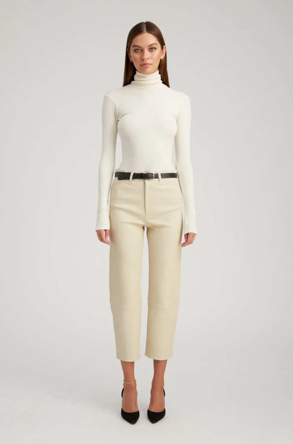 Off White Leather 5 Pocket Straight Leg Pants Side slits