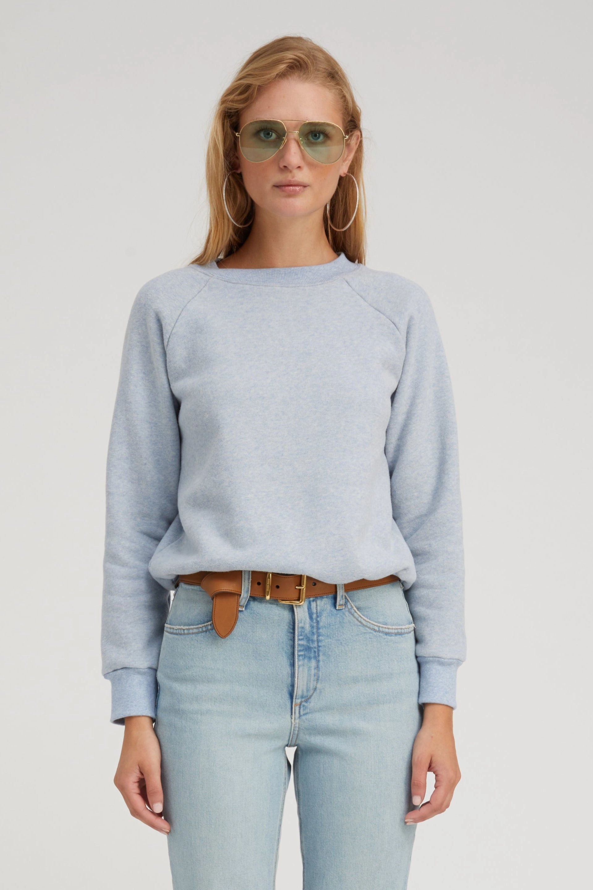 Non Iron Fabric Printed top Ice Blue Melange Shrunken Raglan Sweatshirt