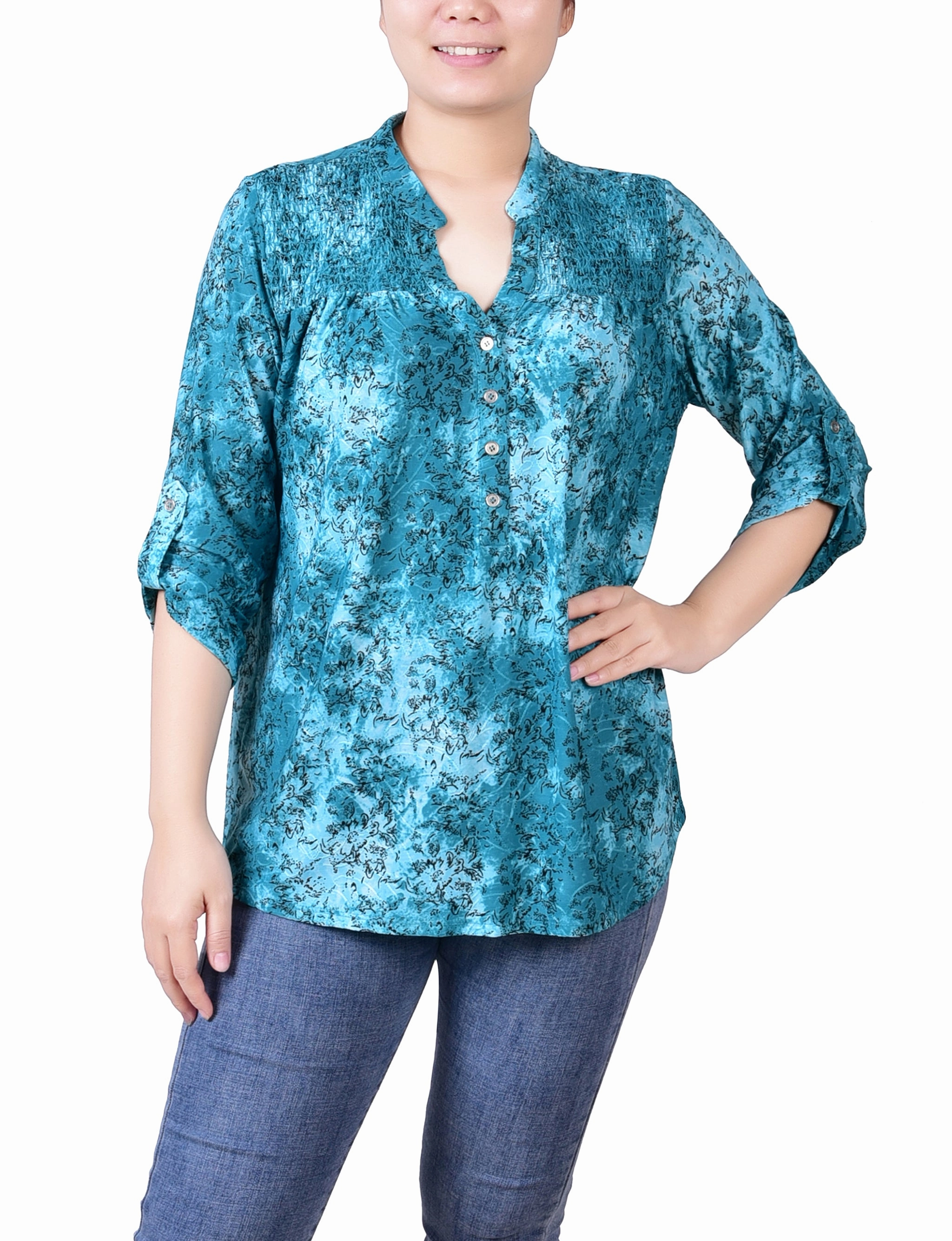 Petite 3/4 Roll Tab Sleeve Smocked-Yoke Top VNeck Style