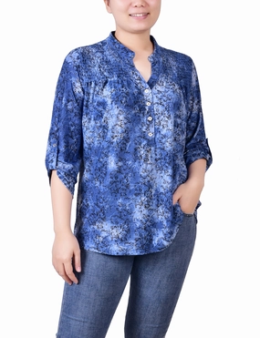 Petite 3/4 Roll Tab Sleeve Smocked-Yoke Top Everyday Fashion