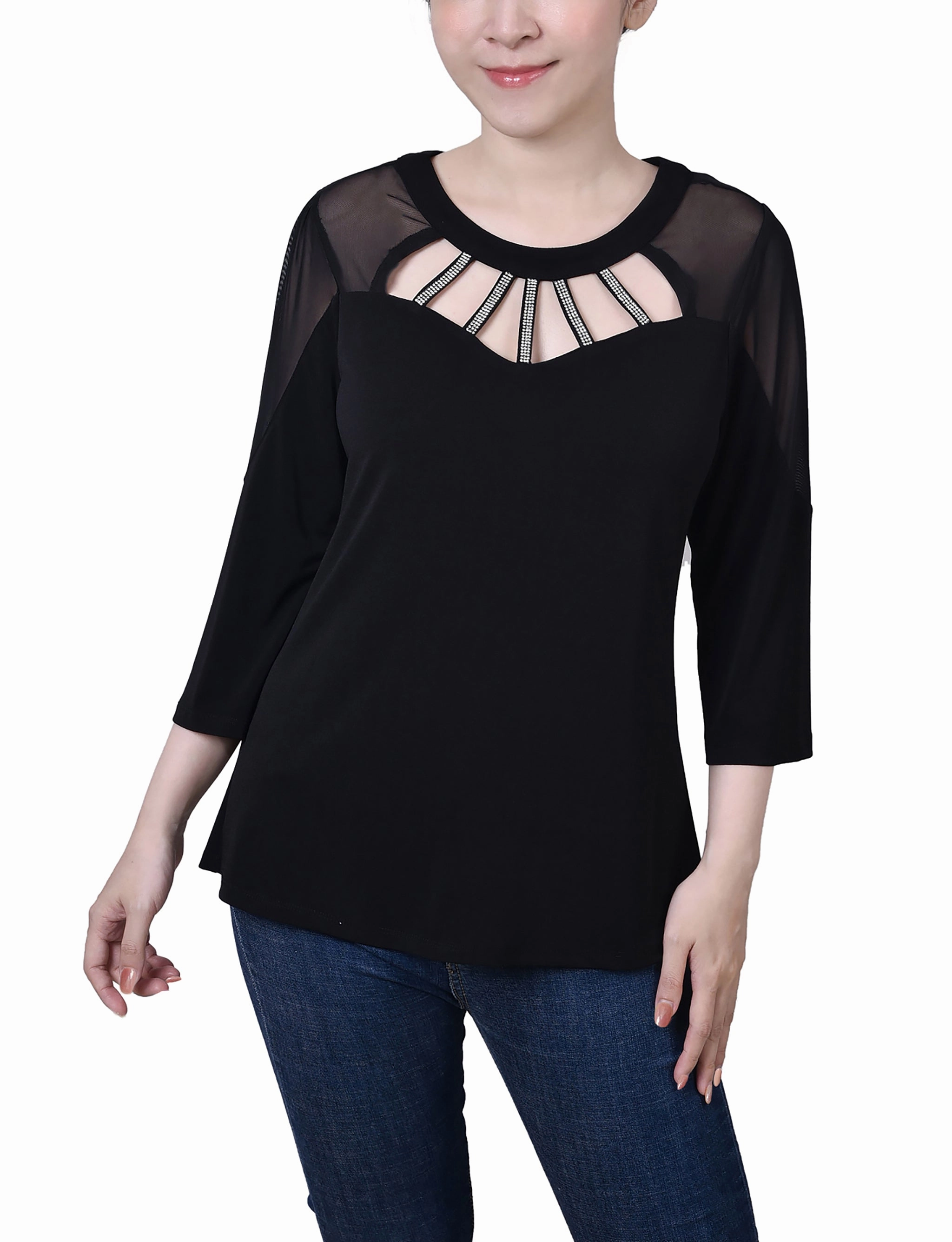 Petite 3/4 Sleeve Top With Neckline Cutouts and Stones MoistureControl