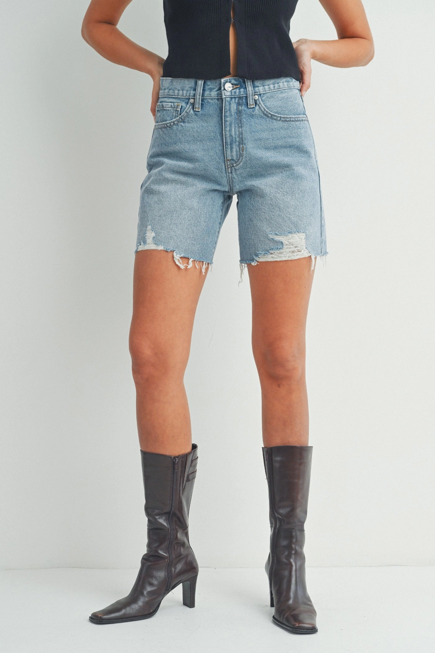 Biodegradable Material Option On-The-Go Style SELENA SLIGHTLY DISTRESSED DENIM SHORTS