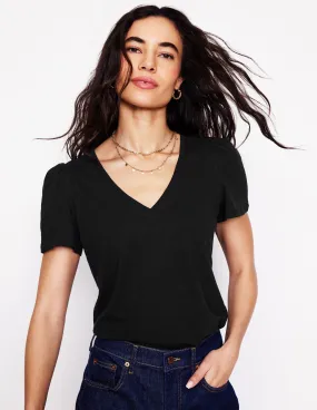 Cozy Sweatshirt Short Sleeve V Neck T-shirt-Black