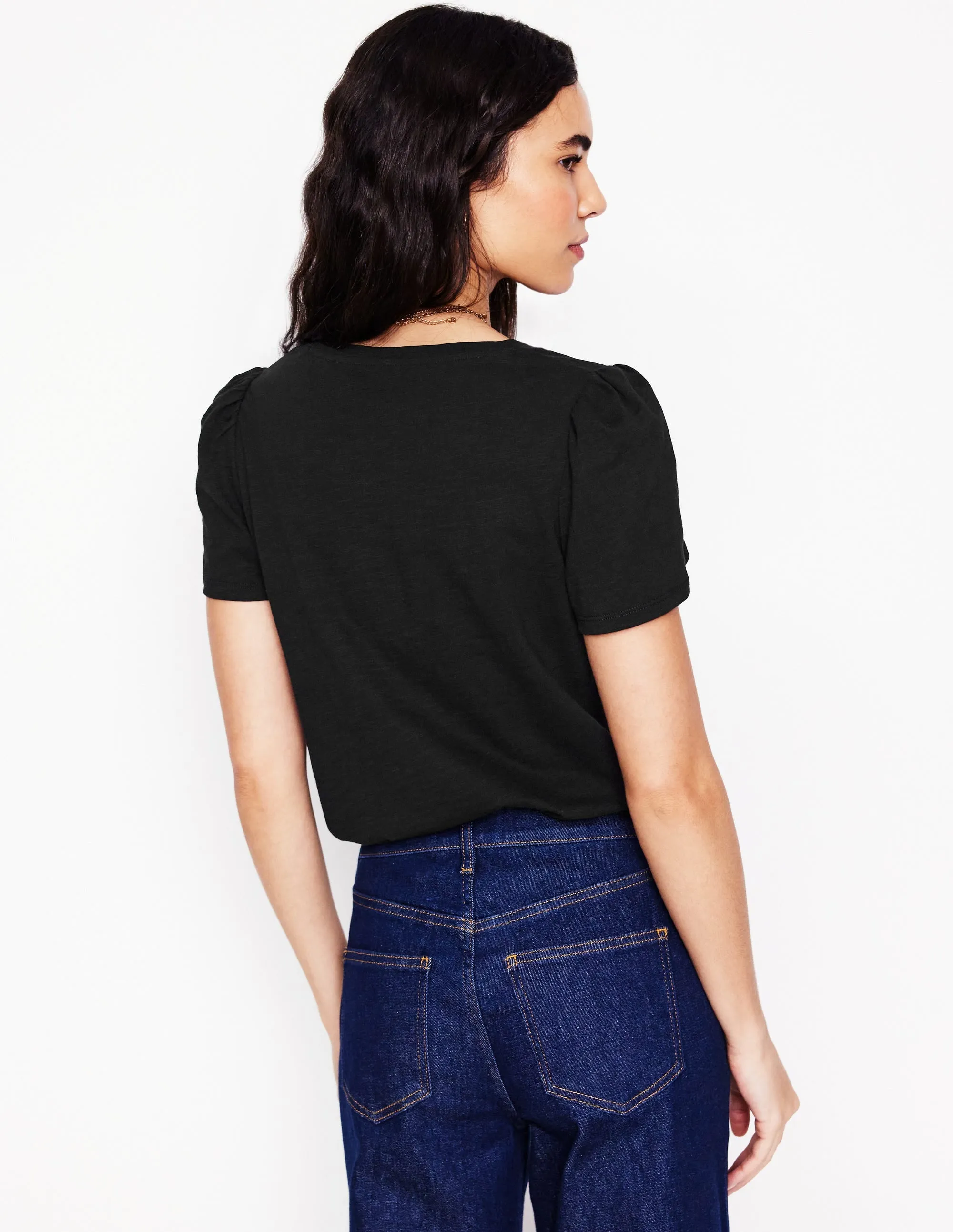 Short Sleeve V Neck T-shirt-Black Warm Hoodie Layered Hem Reinforcement