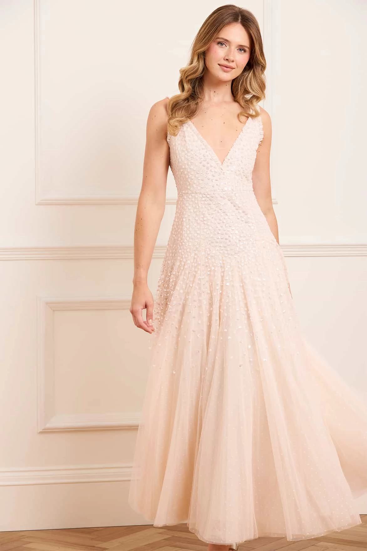 Youth Charm V-Neck Sequin Cascade Cami Plunge Gown