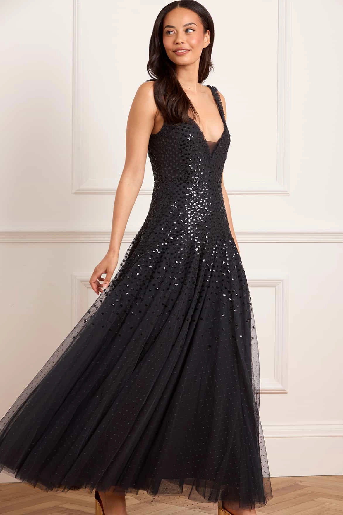 Airy Layer Perfect For Any Occasion Sequin Cascade Cami Plunge Gown