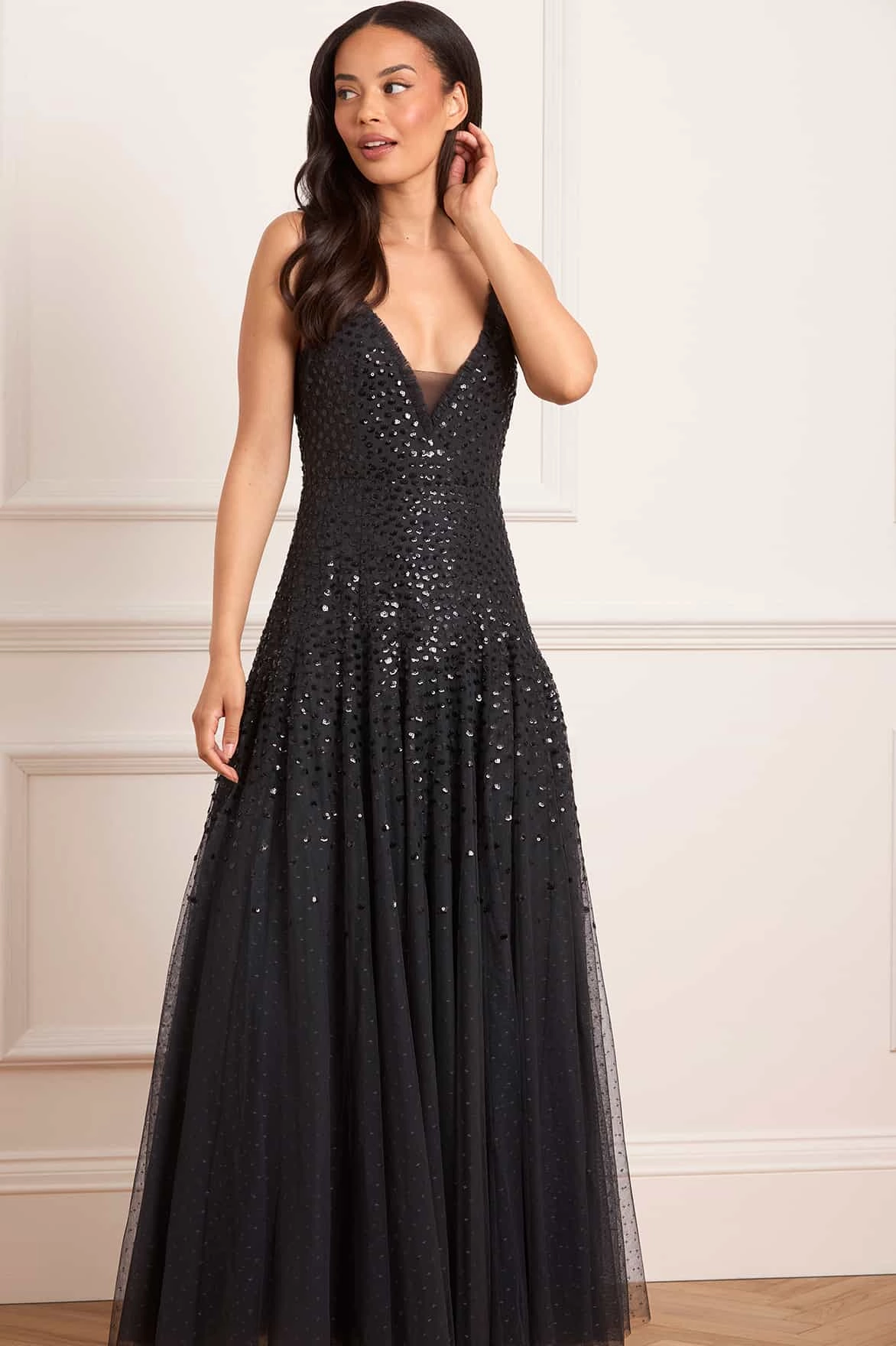 Cozy and Comfortable Sequin Cascade Cami Plunge Gown