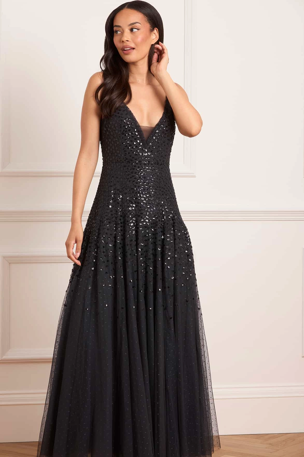 Elegant Mature Statement-Piece Sequin Cascade Cami Plunge Gown