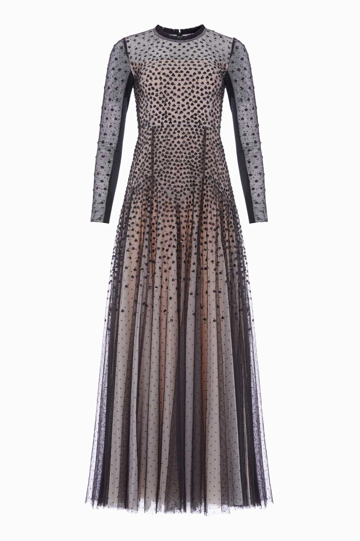 Wrinkle-Resistant Sequin Cascade Round Neck Gown