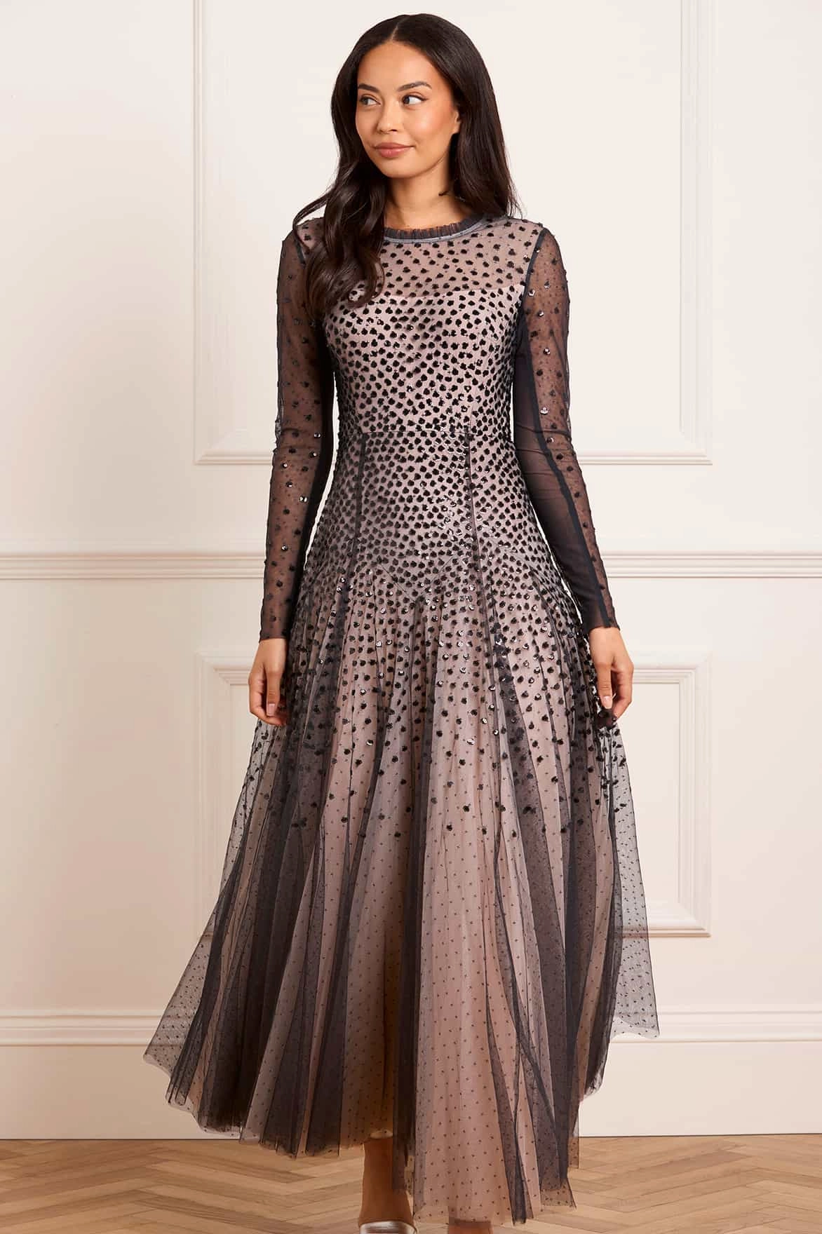 Sequin Cascade Round Neck Gown Luxe Mood