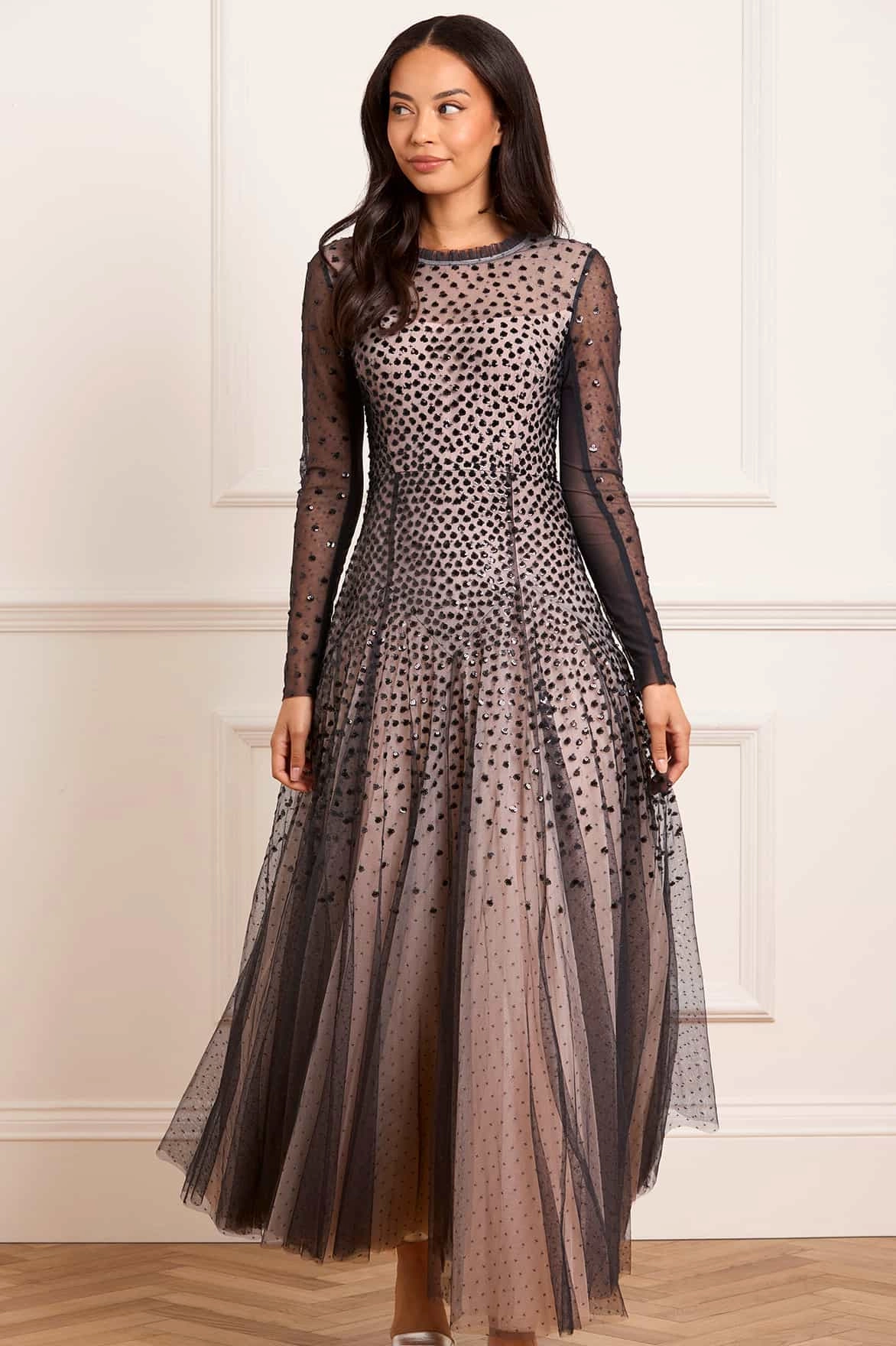 Flexible Style Sequin Cascade Round Neck Gown