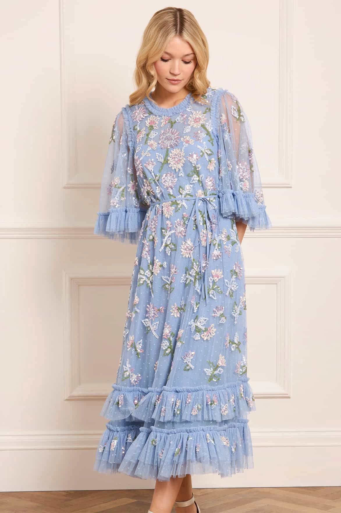 ruffle trim Light and Comfortable Wear Sequin Dandelion Gloss Ballerina Dress