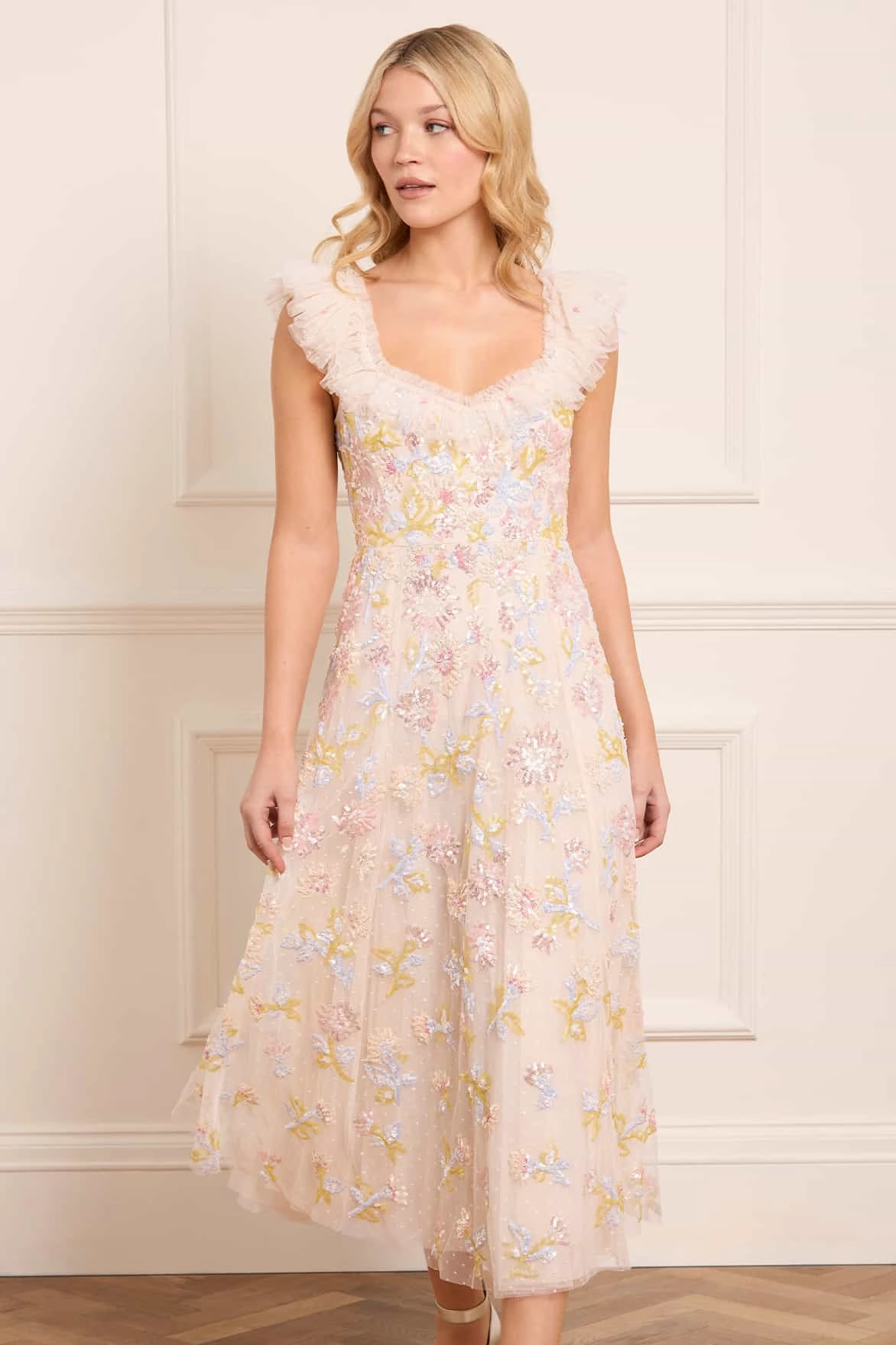 Spring-Season Sequin Dandelion Ruffle Ballerina Dress