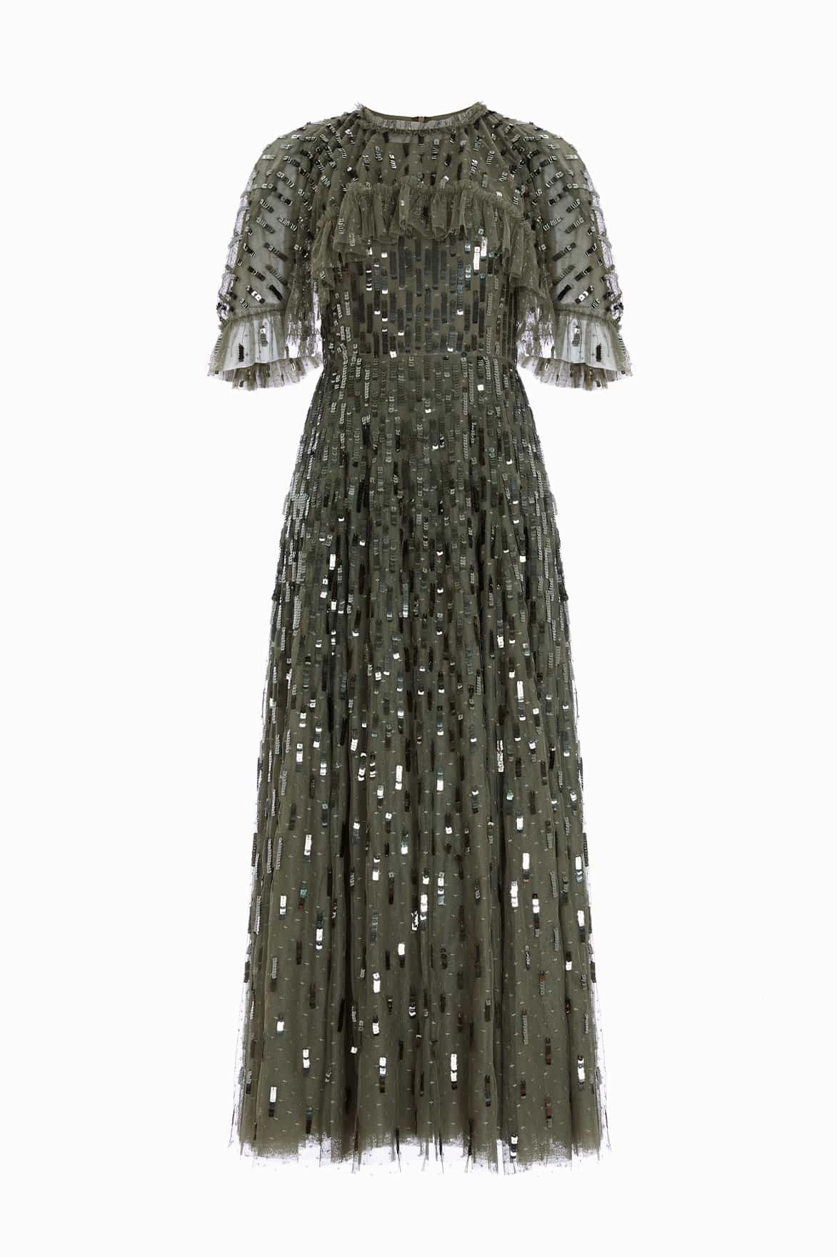 Quilted-Lining Sequin Dash Cape Ankle Gown