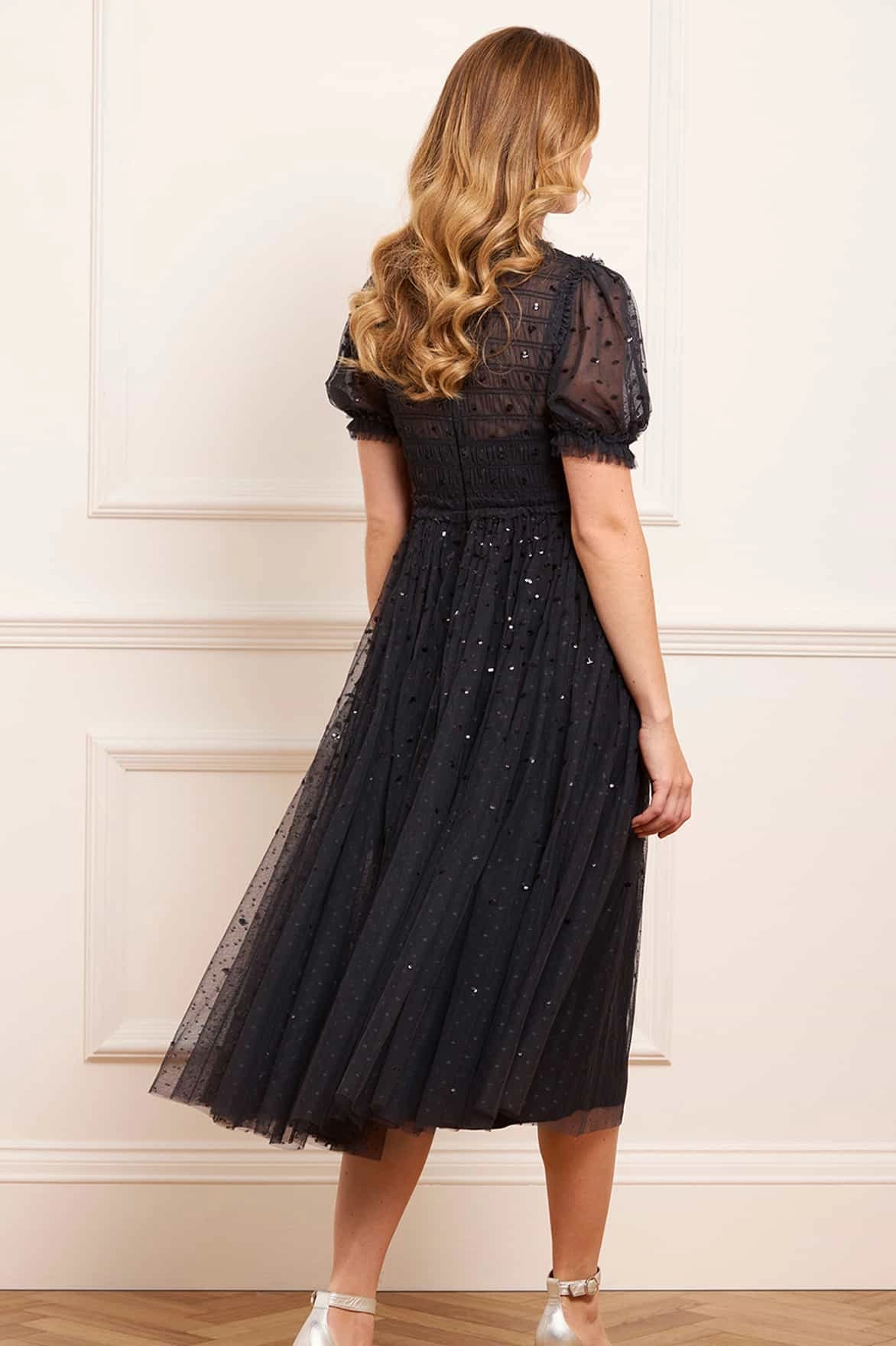 Playful-Detail Sweetheart-Neck Sequin Giselle Smocked Ballerina Dress