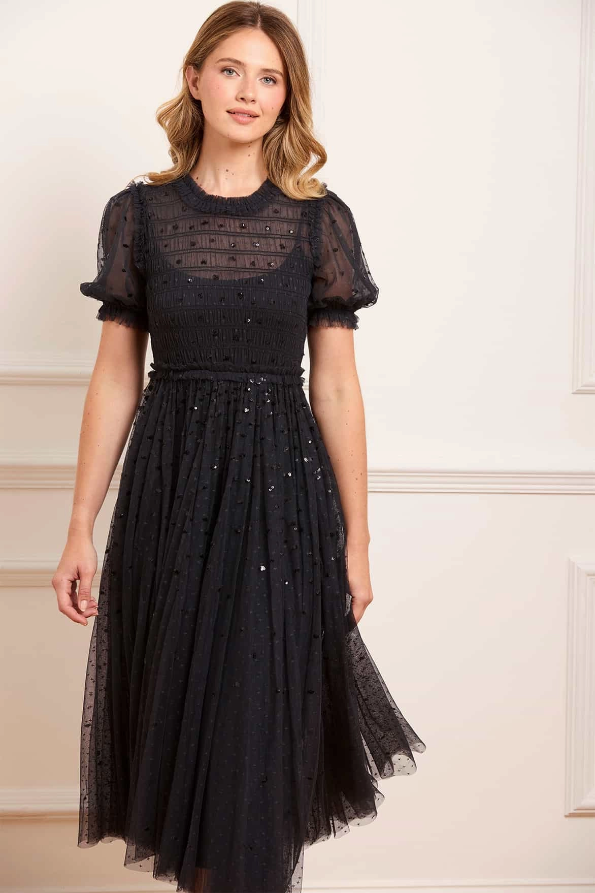 Air Beauty One-Shoulder Sequin Giselle Smocked Ballerina Dress