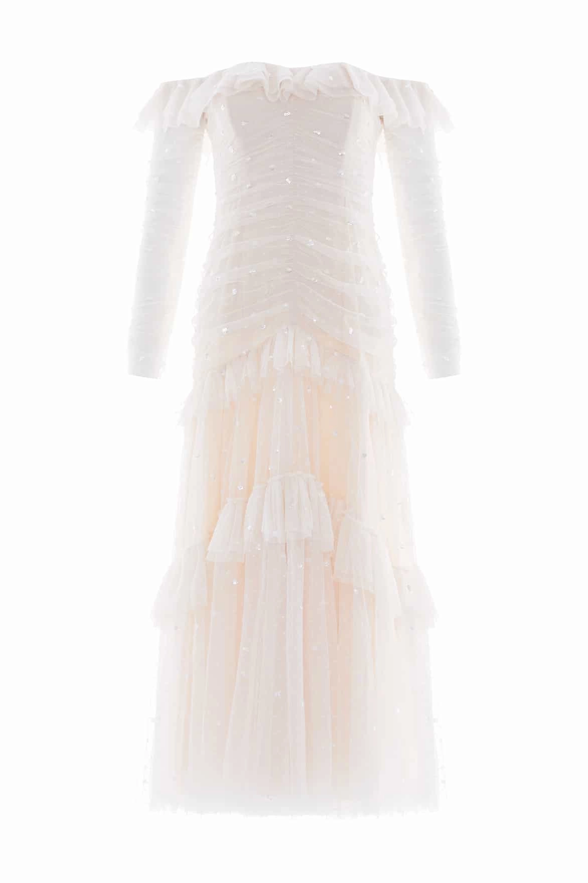 Sequin Glimmer Rouched Off-Shoulder Gown bold appearance