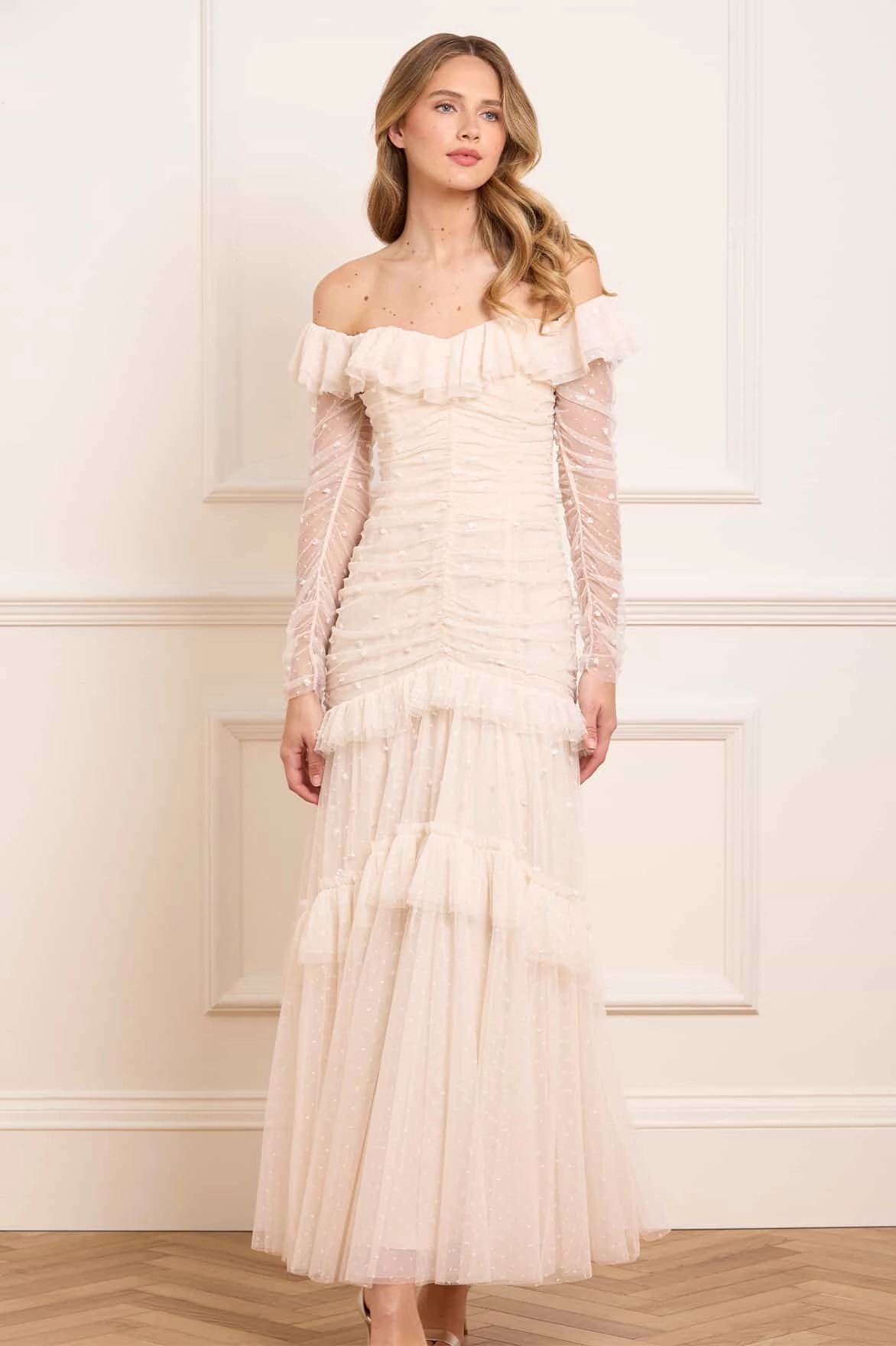 Light Layers Sequin Glimmer Rouched Off-Shoulder Gown