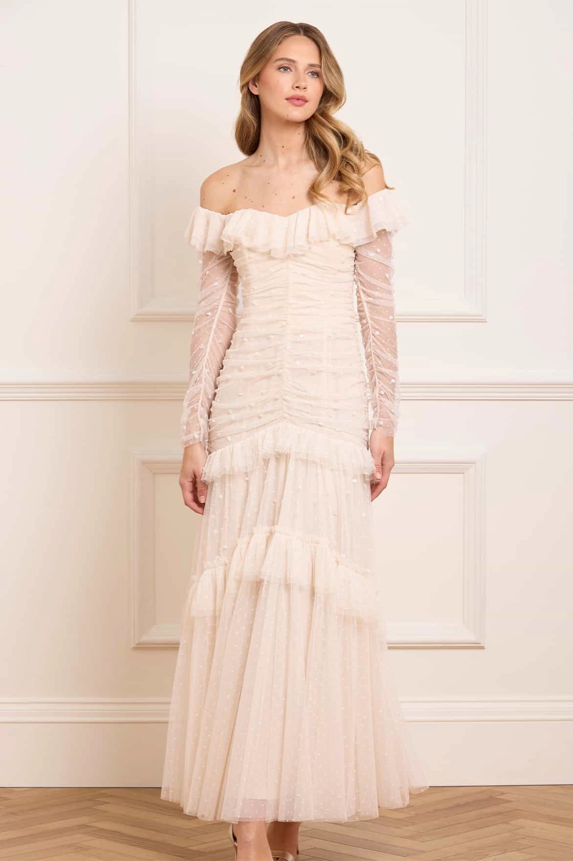 Minimal Cut Luxe Fit Sequin Glimmer Rouched Off-Shoulder Gown