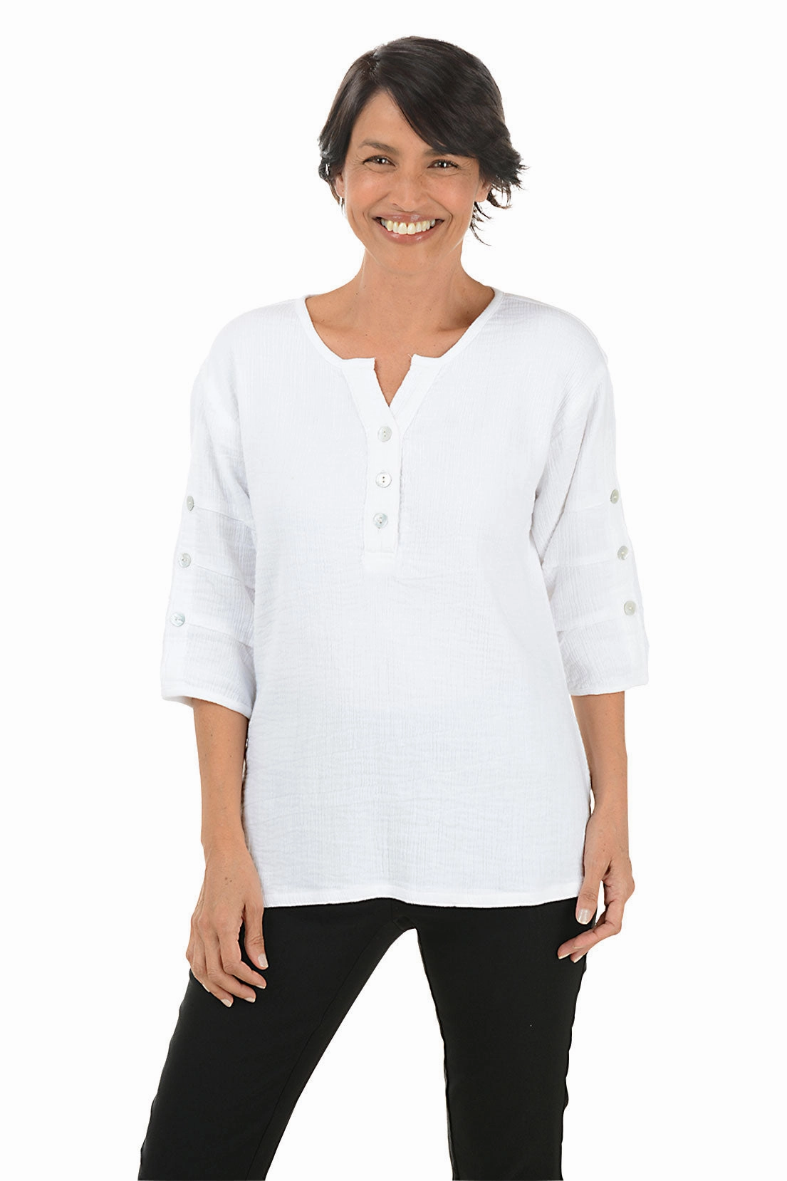 Shawn Pleated Button Sleeve Blouse Organic Cotton Blend