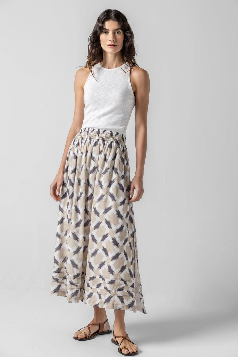 Easy Motion Shirred Elastic Waist Skirt in Natural Ikat