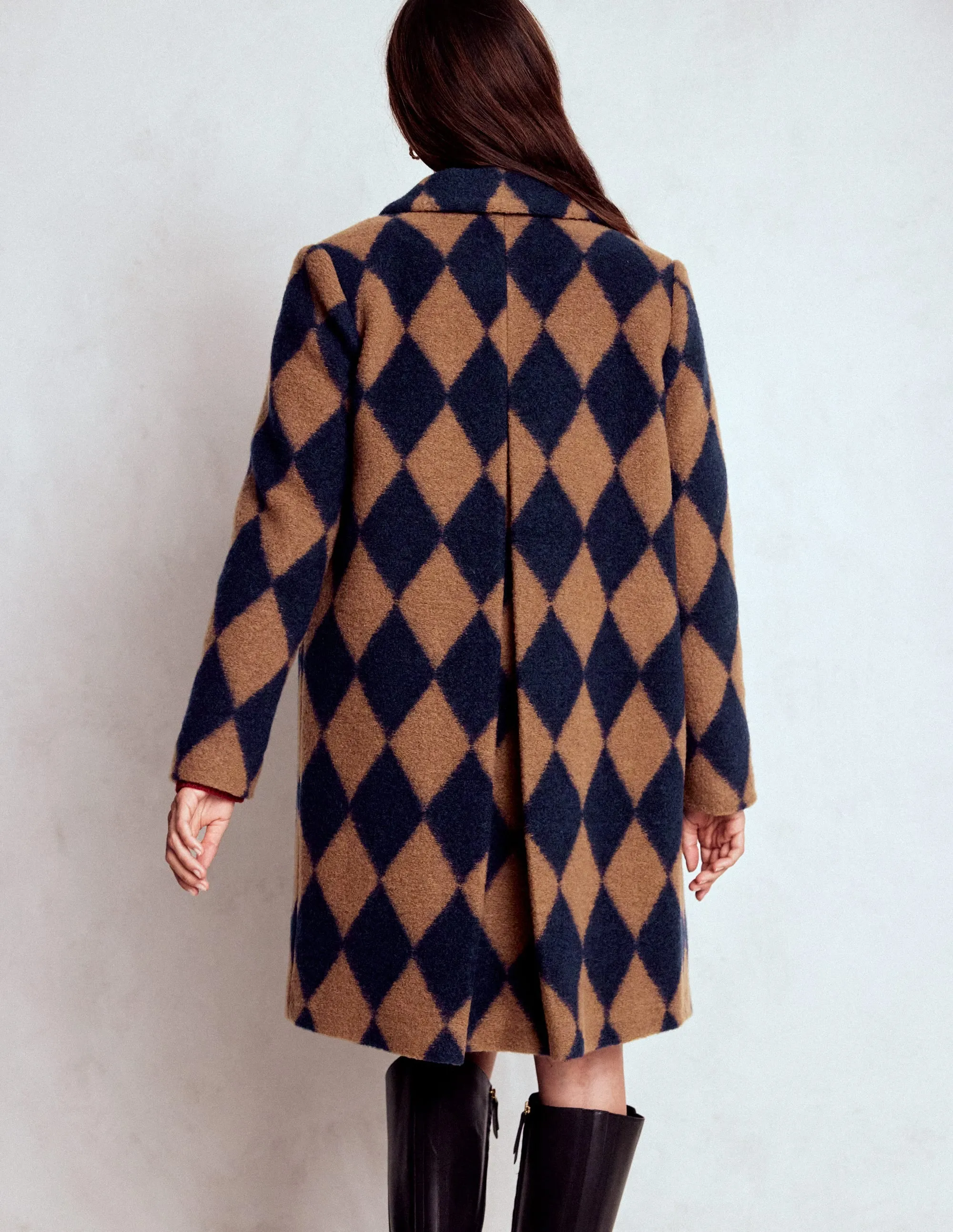 NoiseFreeMaterial Edinburgh Swing Coat-Camel and Navy Argyle