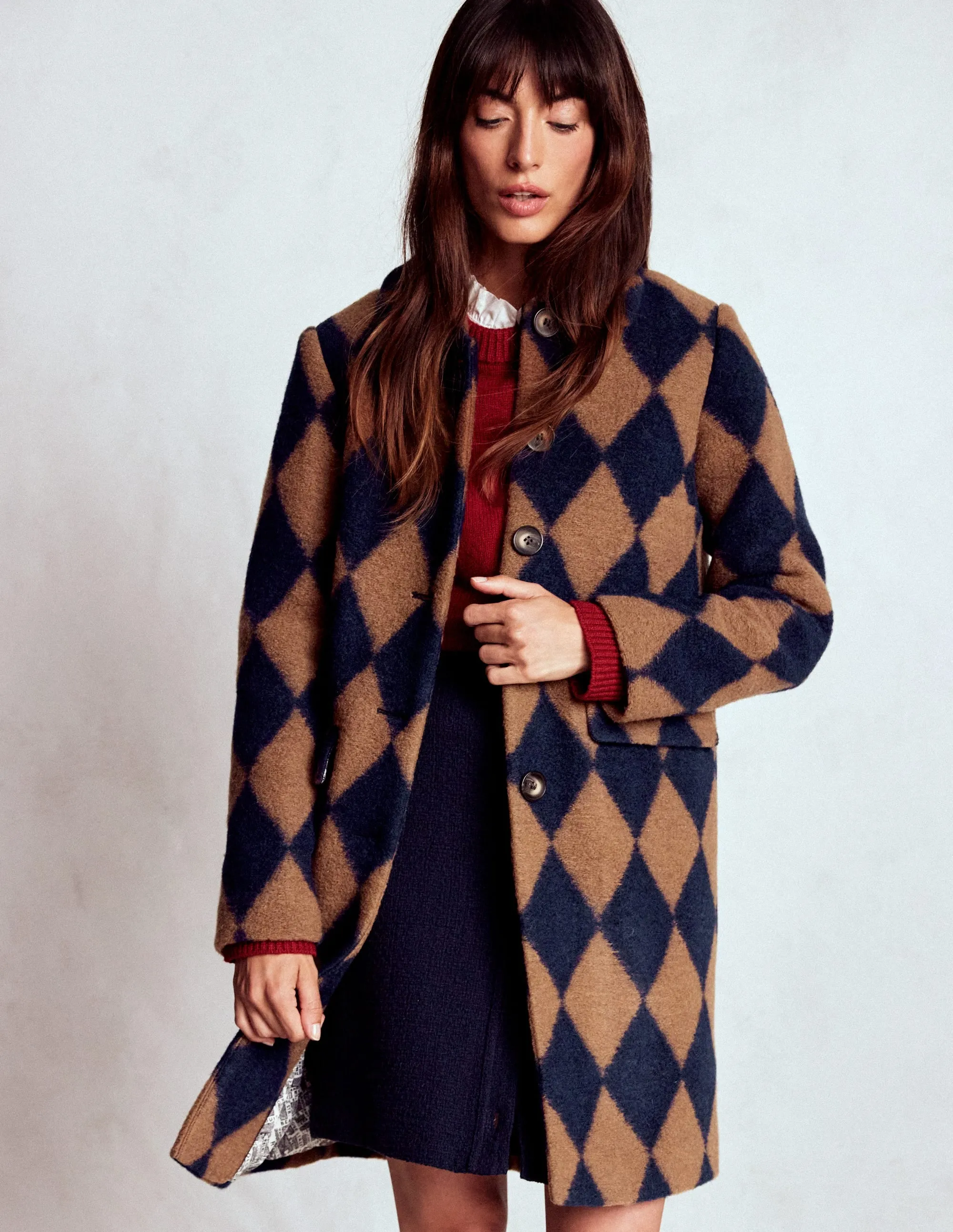 AdjustableCuffs Edinburgh Swing Coat-Camel and Navy Argyle