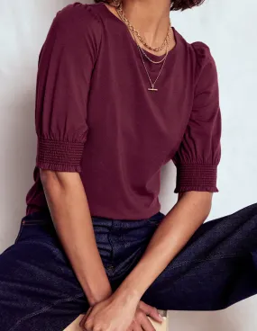 Short Sleeve Smocked Cuff Top-Deep Wisteria FlexibleRibbedTrims TwoToneEffect