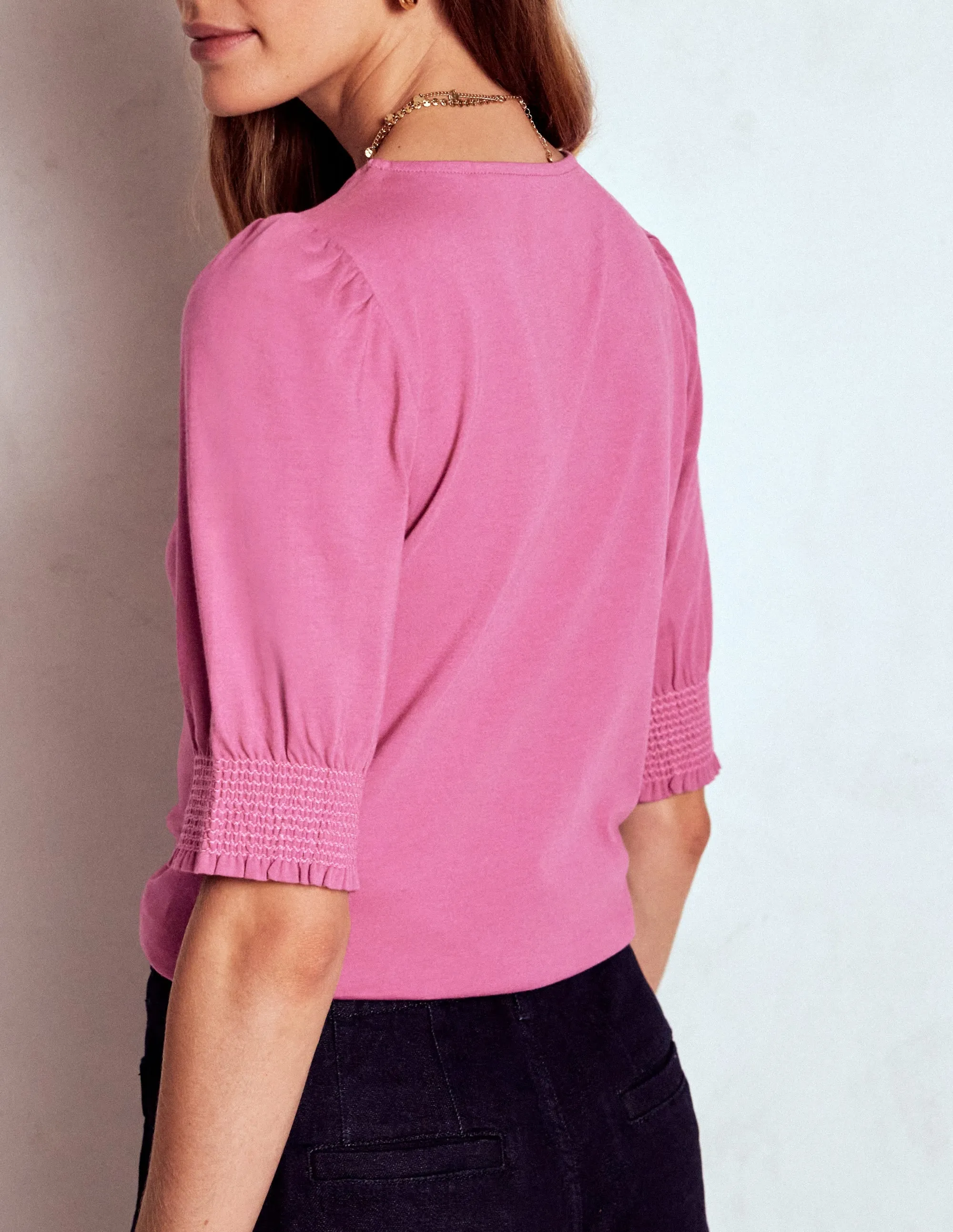 Minimalist Detailing Eco Friendly Material Short Sleeve Smocked Cuff Top-Purple Damson