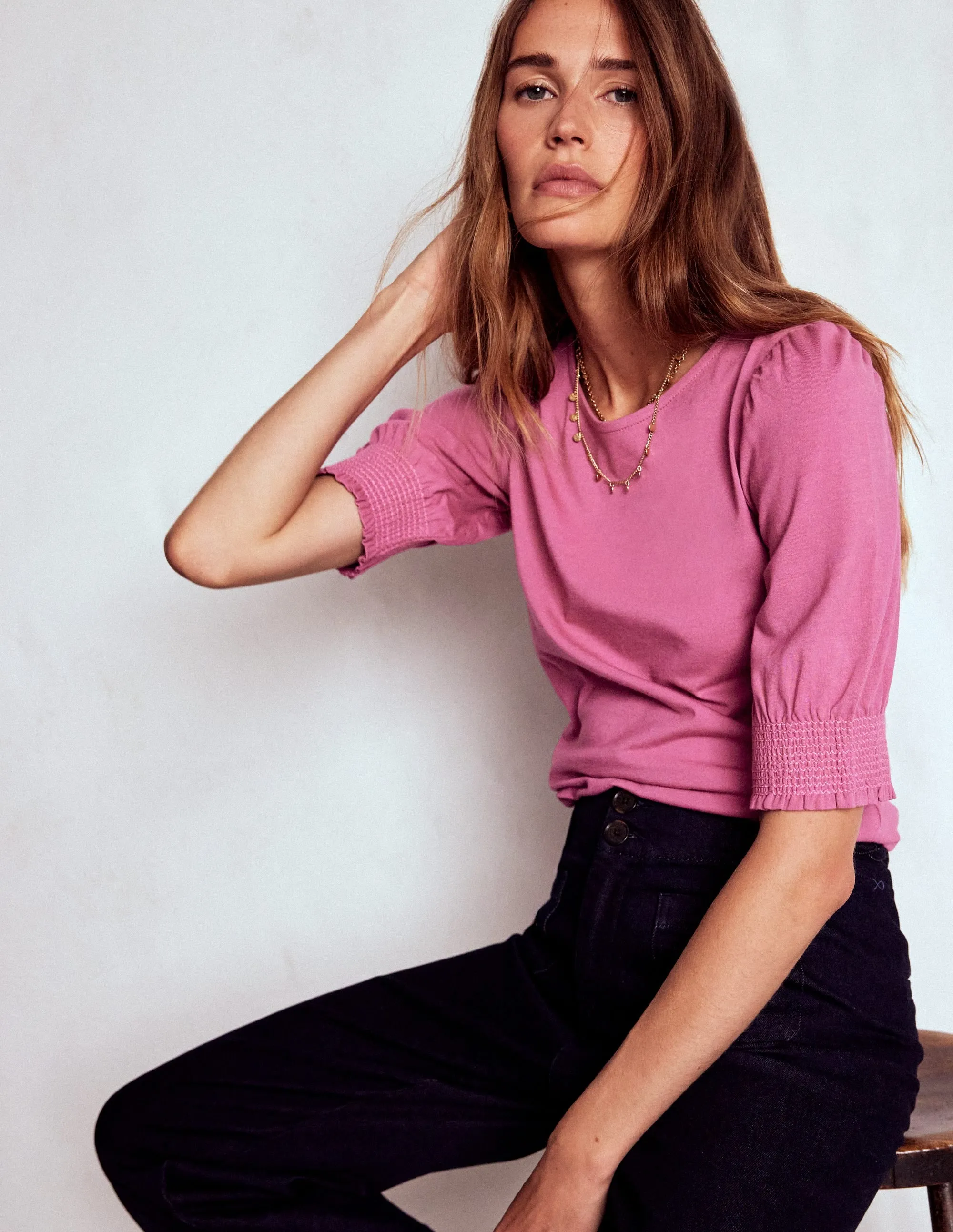 Short Sleeve Smocked Cuff Top-Purple Damson DoubleStitched Construction