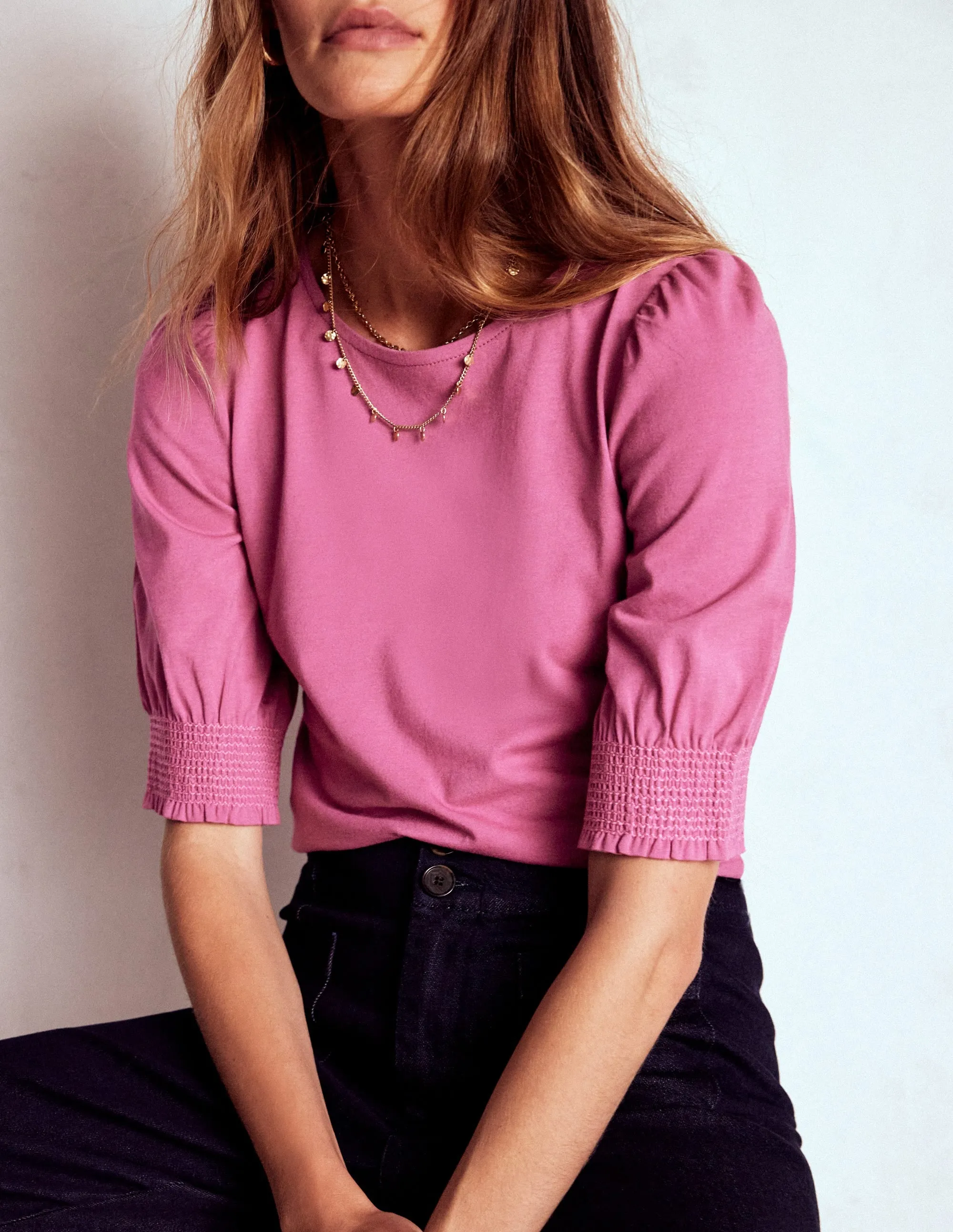 Slim Fit Design Short Sleeve Smocked Cuff Top-Purple Damson