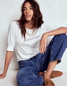 SnagResistant Hydrophobic Threadwork Short Sleeve Smocked Cuff Top-White