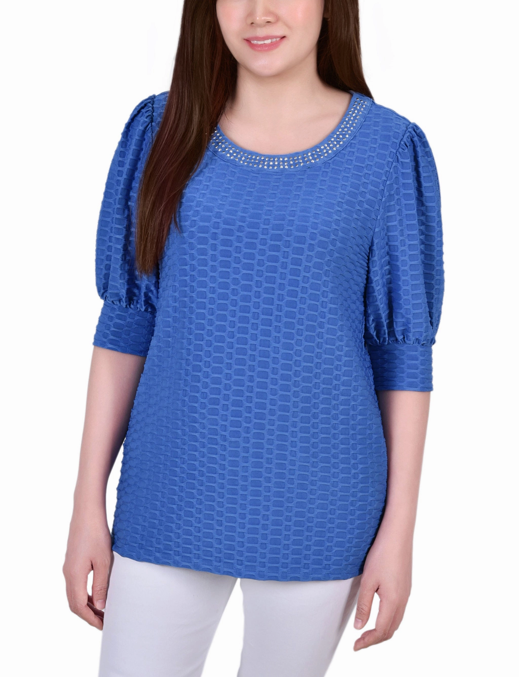 Short Puff Sleeve Honeycomb Top VersatileNeckline Elegant Cardigan