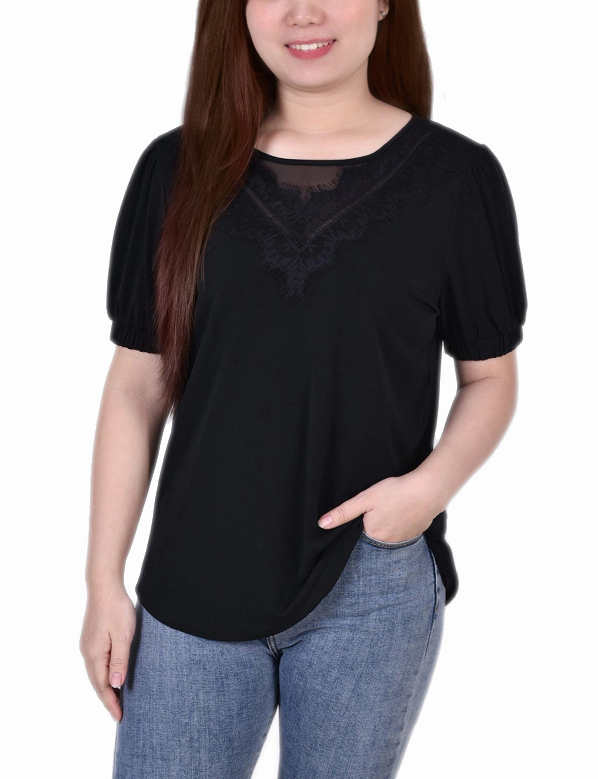 Oversized Silhouette Versatile Layering Short Puff Sleeve Top With Lace