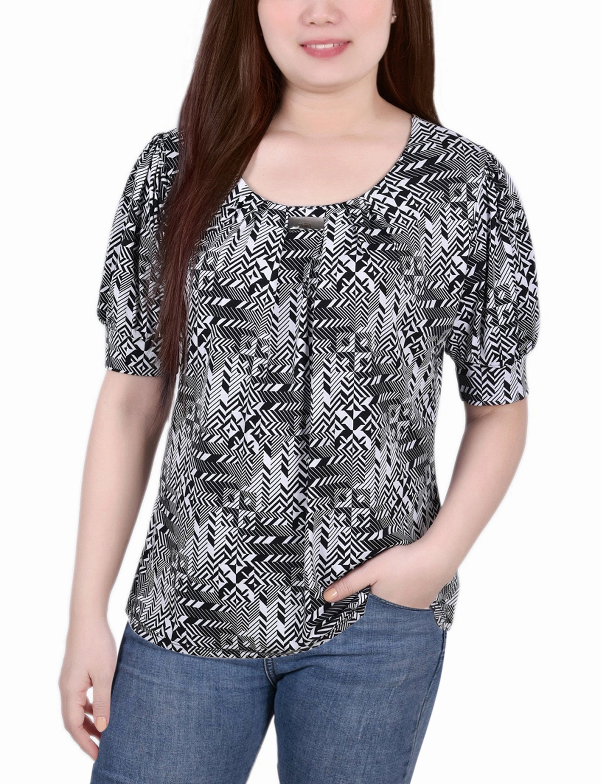 Short Sleeve Balloon Sleeve Top DoubleStitchedHem