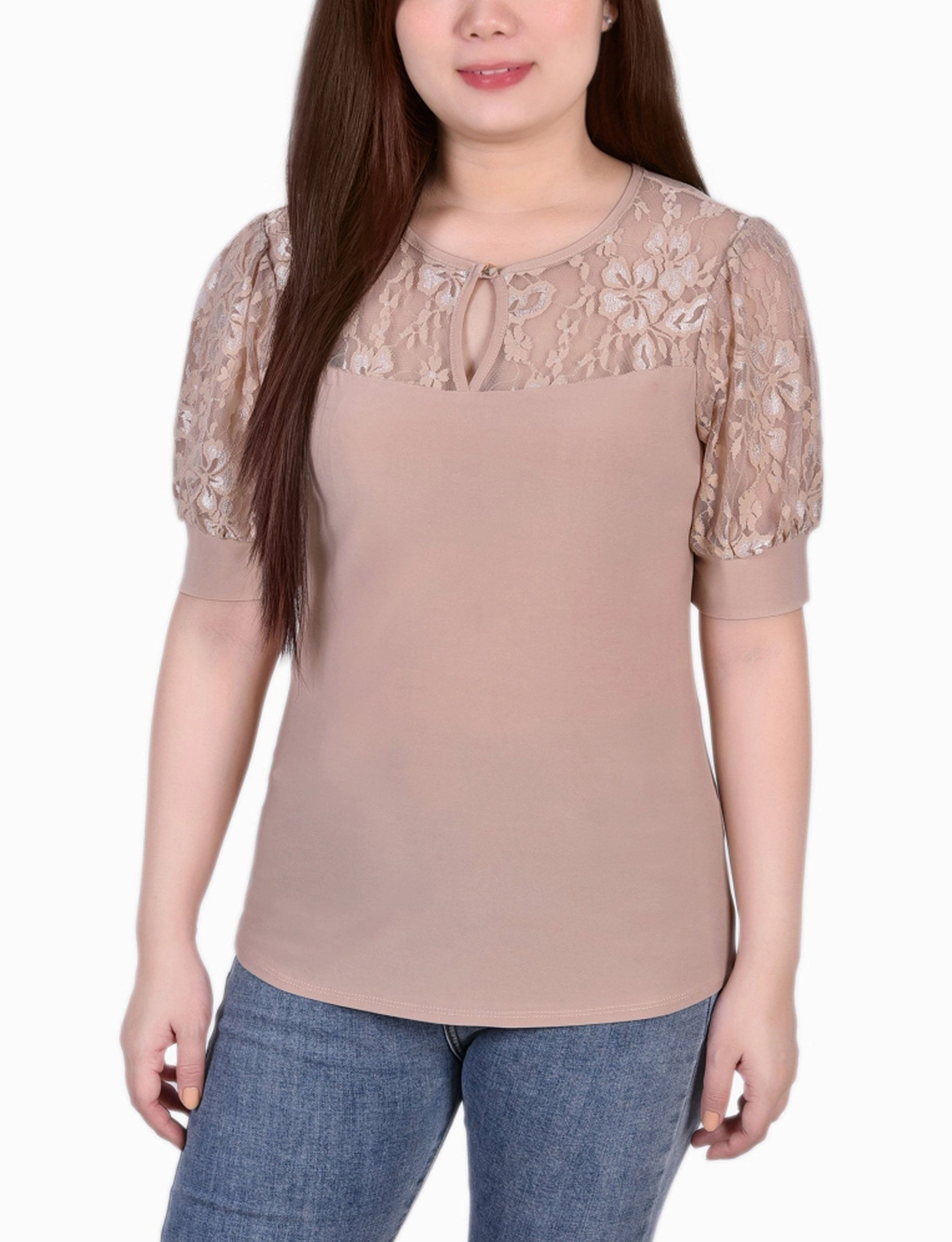 RibbedHemline Short Sleeve Lace Yoke and Sleeve Top