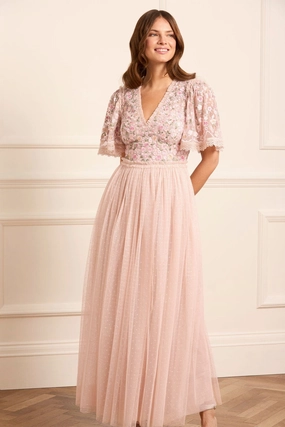 Beaded-Edge Evening Vibe Rosie Lace Bodice Short Sleeve V-Neck Ankle Gown
