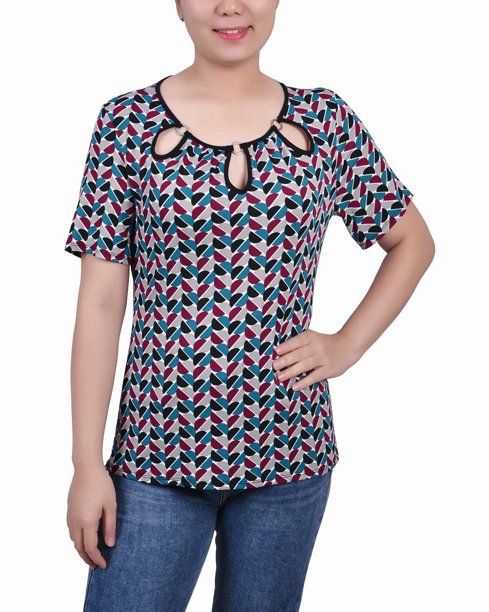 Flexible Shoulder Gusset Short Sleeve Top With Ring Details