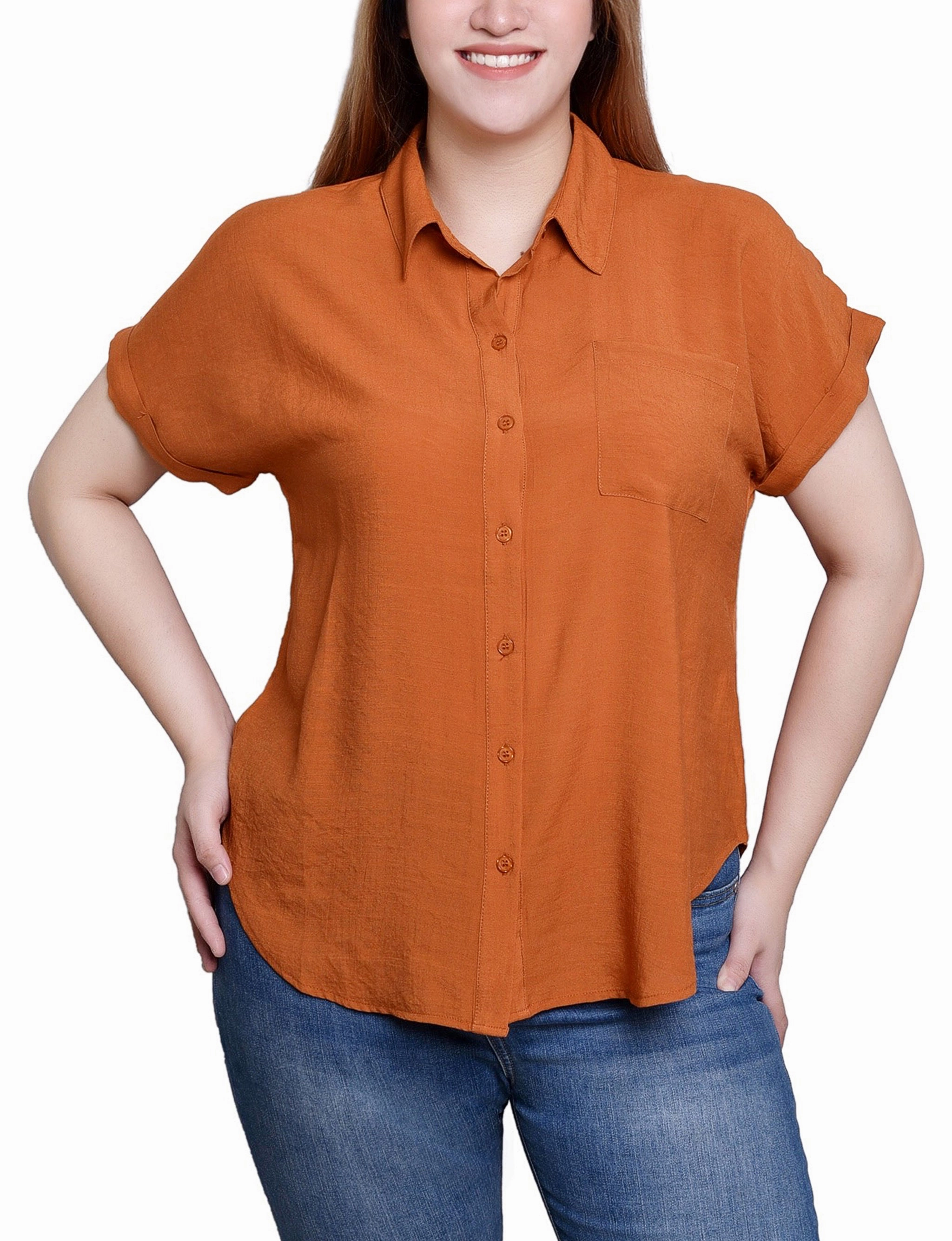 Short Sleeve Woven Front/Jersey Back Top Reinforced Shoulder Panels