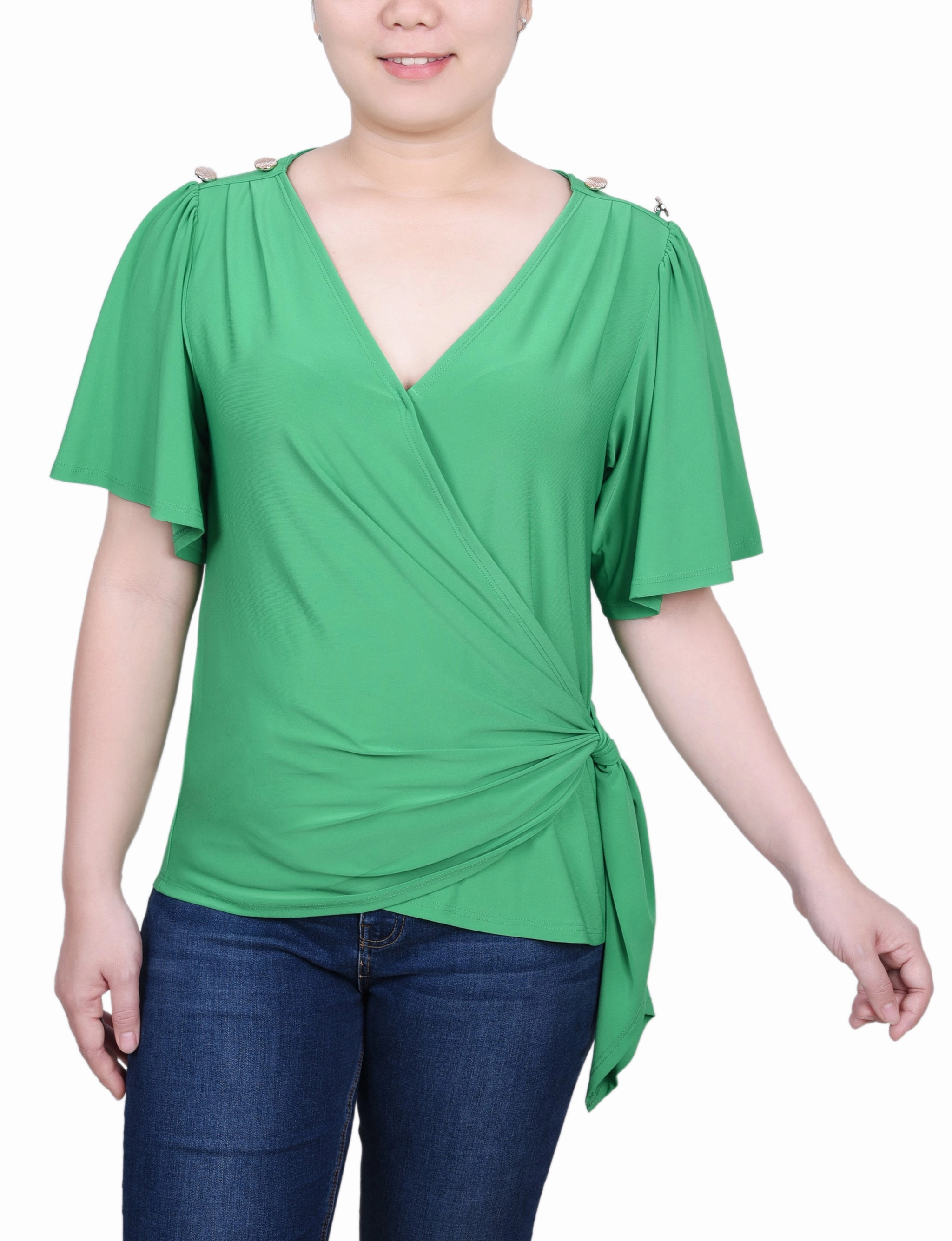 Anti Pilling Technology Short Sleeve Wrap Top